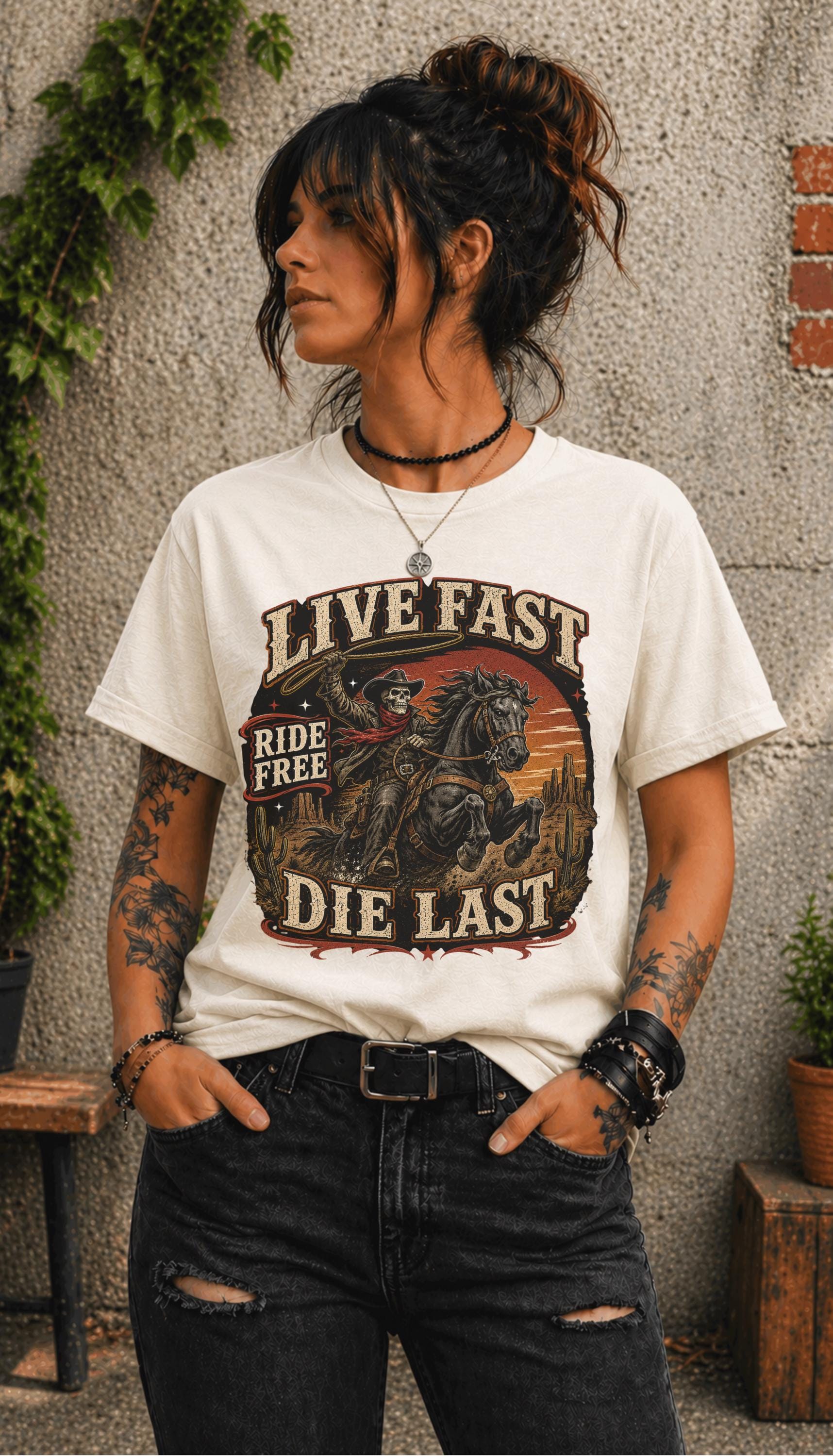 live fast die last shirt, skeleton cowboy tee, western rider shirt, outlaw graphic tee, cowboy skull design, rodeo apparel, country music shirt, horse lover gift, western fashion top, desert sunset graphic, ranch lifestyle tee, vintage outlaw shirt, comfort colors western tee