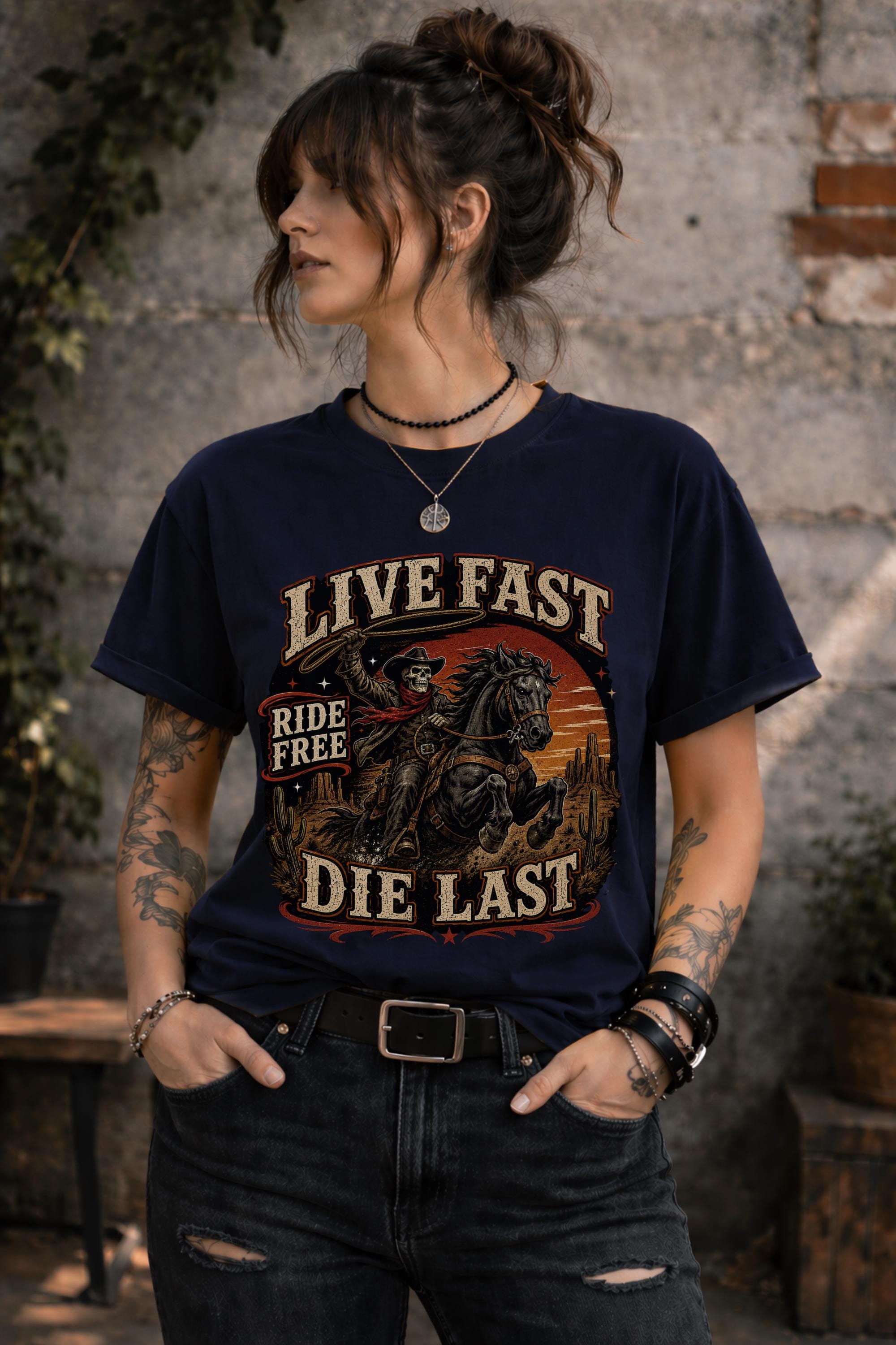 live fast die last shirt, skeleton cowboy tee, western rider shirt, outlaw graphic tee, cowboy skull design, rodeo apparel, country music shirt, horse lover gift, western fashion top, desert sunset graphic, ranch lifestyle tee, vintage outlaw shirt, comfort colors western tee