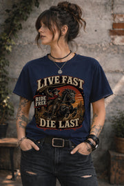 live fast die last shirt, skeleton cowboy tee, western rider shirt, outlaw graphic tee, cowboy skull design, rodeo apparel, country music shirt, horse lover gift, western fashion top, desert sunset graphic, ranch lifestyle tee, vintage outlaw shirt, comfort colors western tee
