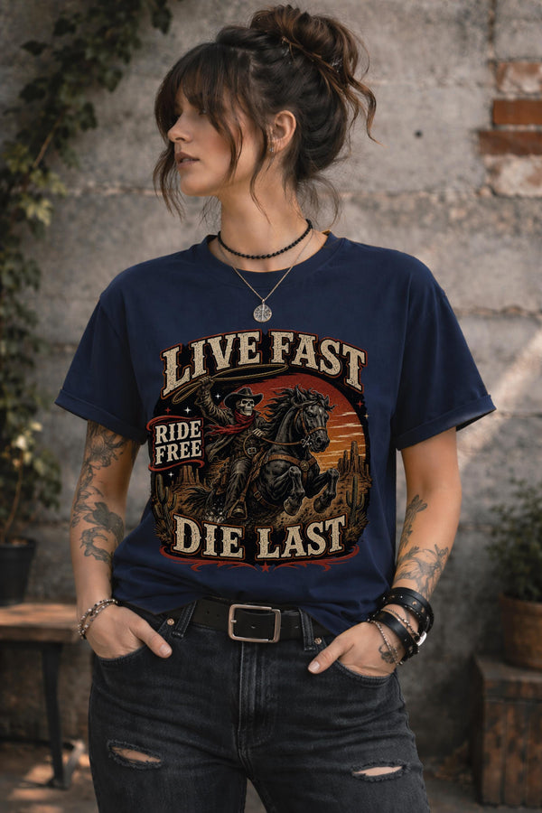 live fast die last shirt, skeleton cowboy tee, western rider shirt, outlaw graphic tee, cowboy skull design, rodeo apparel, country music shirt, horse lover gift, western fashion top, desert sunset graphic, ranch lifestyle tee, vintage outlaw shirt, comfort colors western tee