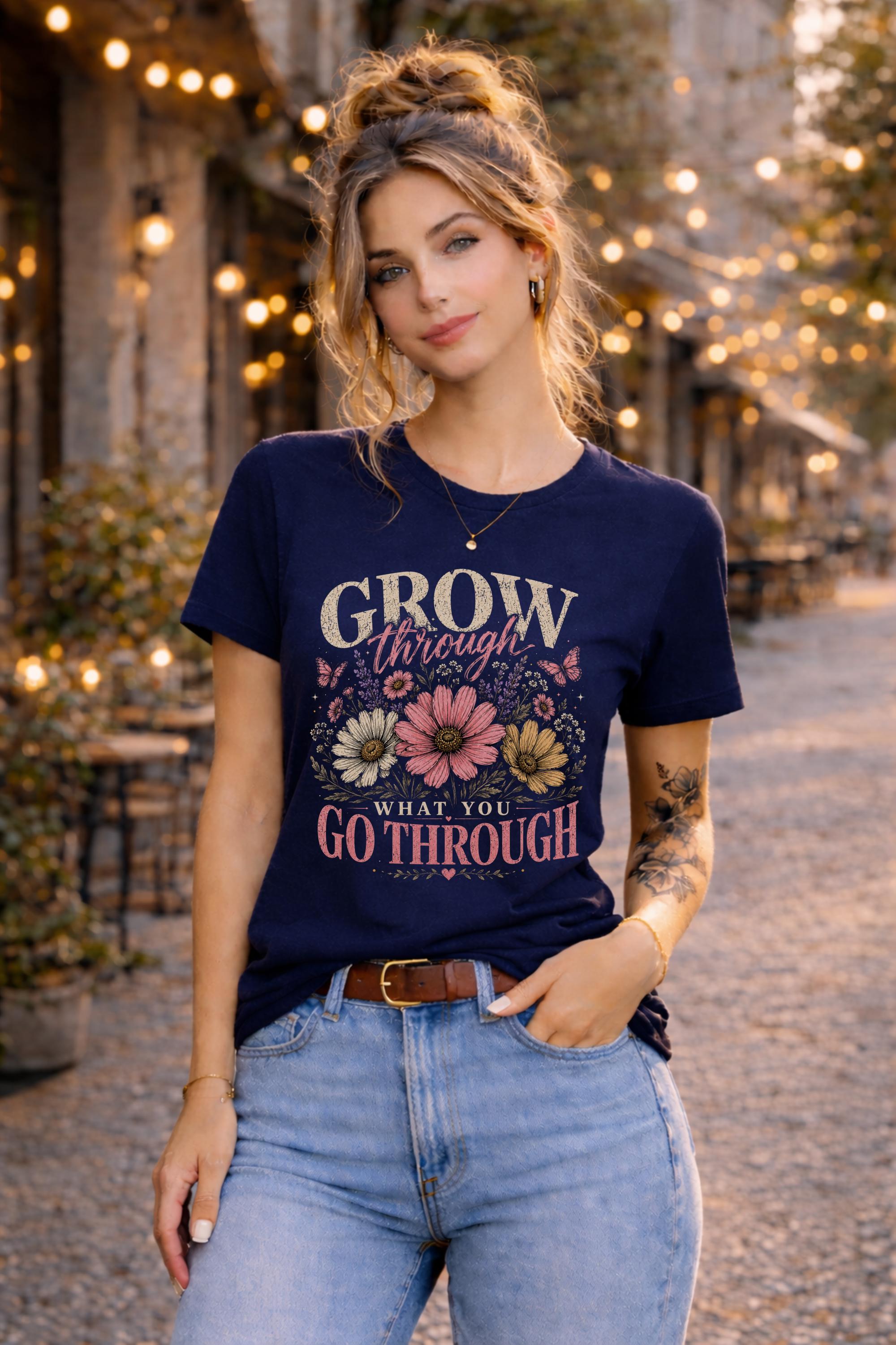 Woman wearing a floral inspirational t-shirt featuring the quote "Grow Through What You Go Through" with pink and cream flowers and butterflies in a soft vintage design.