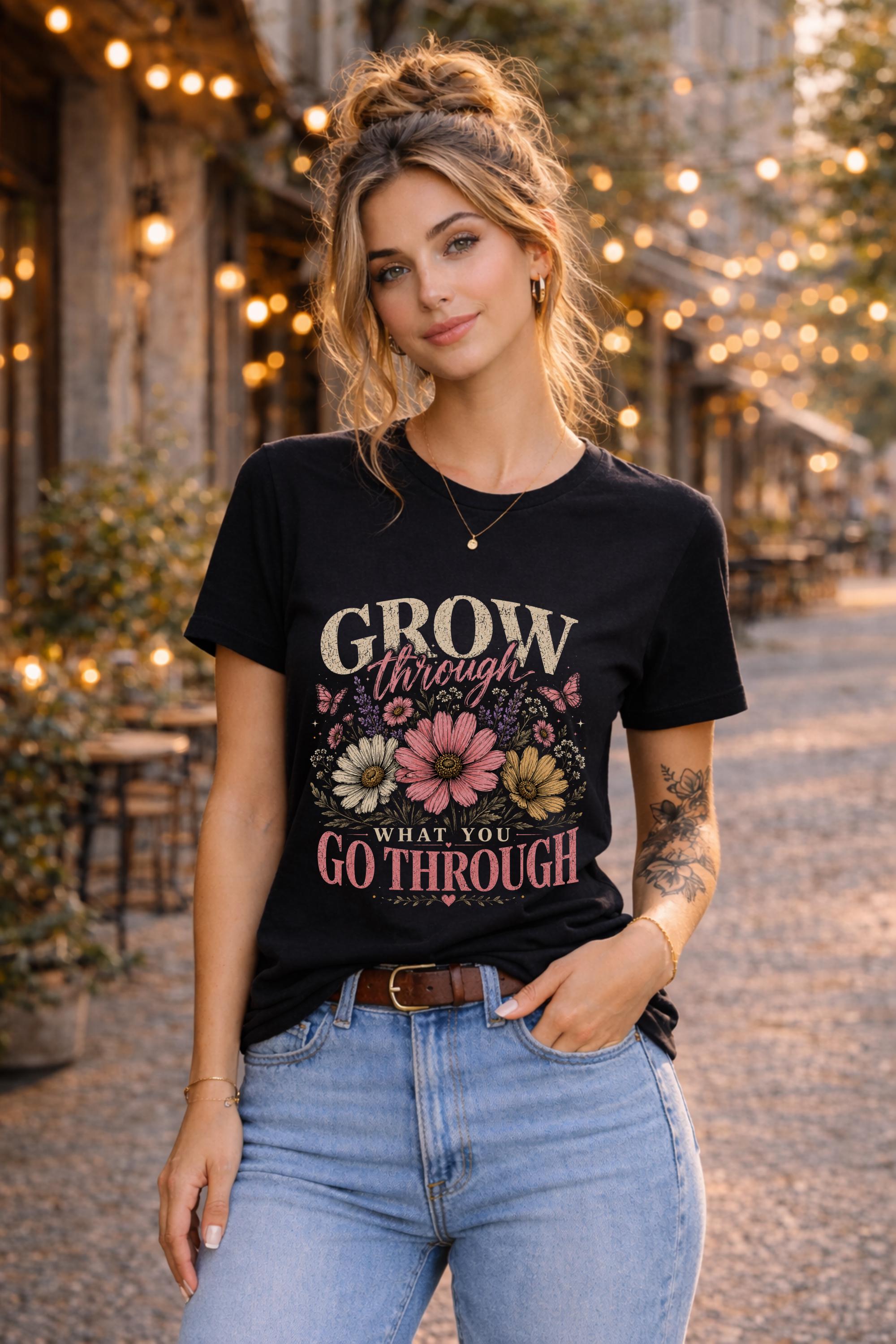 Woman wearing a black floral inspirational t-shirt featuring the quote "Grow Through What You Go Through" with pink and cream flowers and butterflies in a soft vintage design.