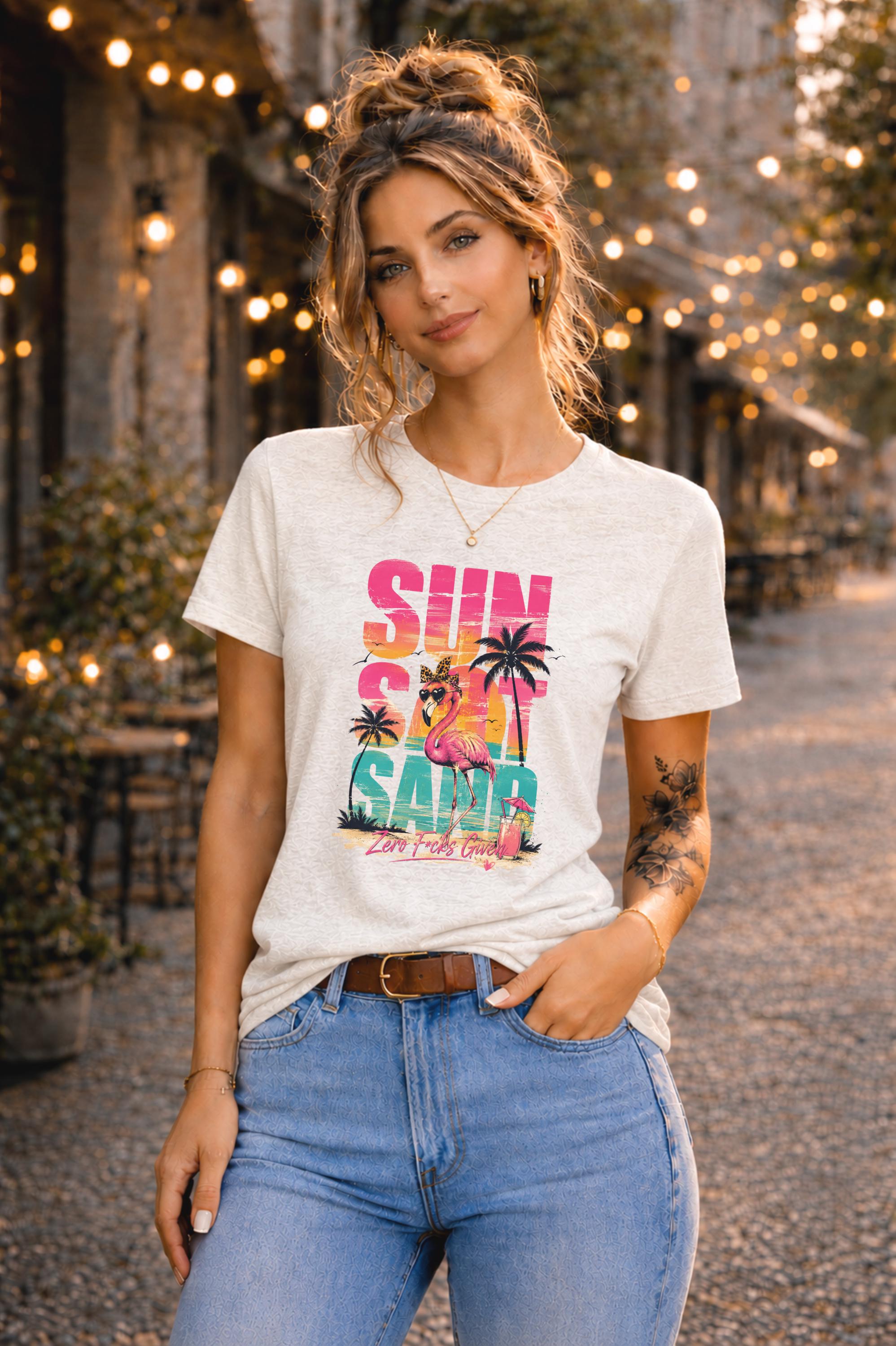 Sun Salt Sand Zero Fucks Given Shirt, Flamingo Beach Graphic Tee, Summer Vacation Shirt