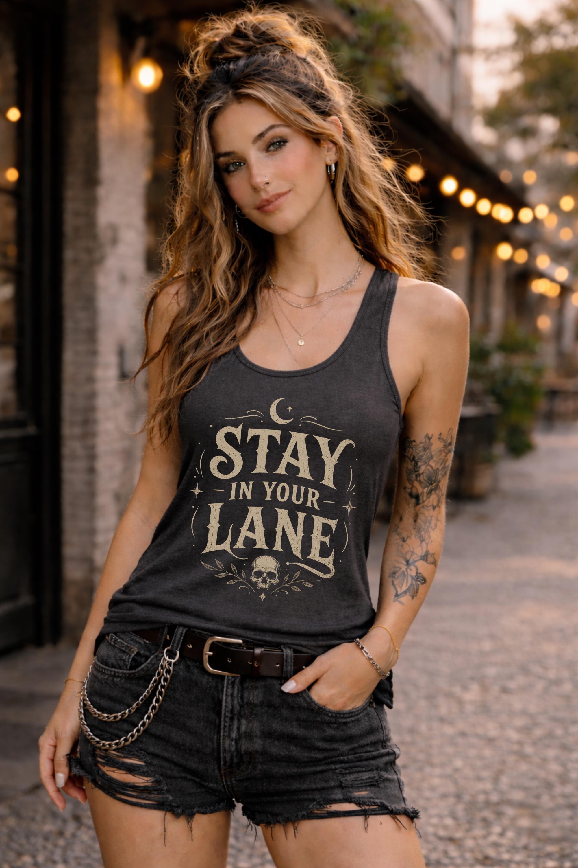 Woman wearing Stay In Your Lane graphic racerback tank with edgy gothic typography and skull detail
