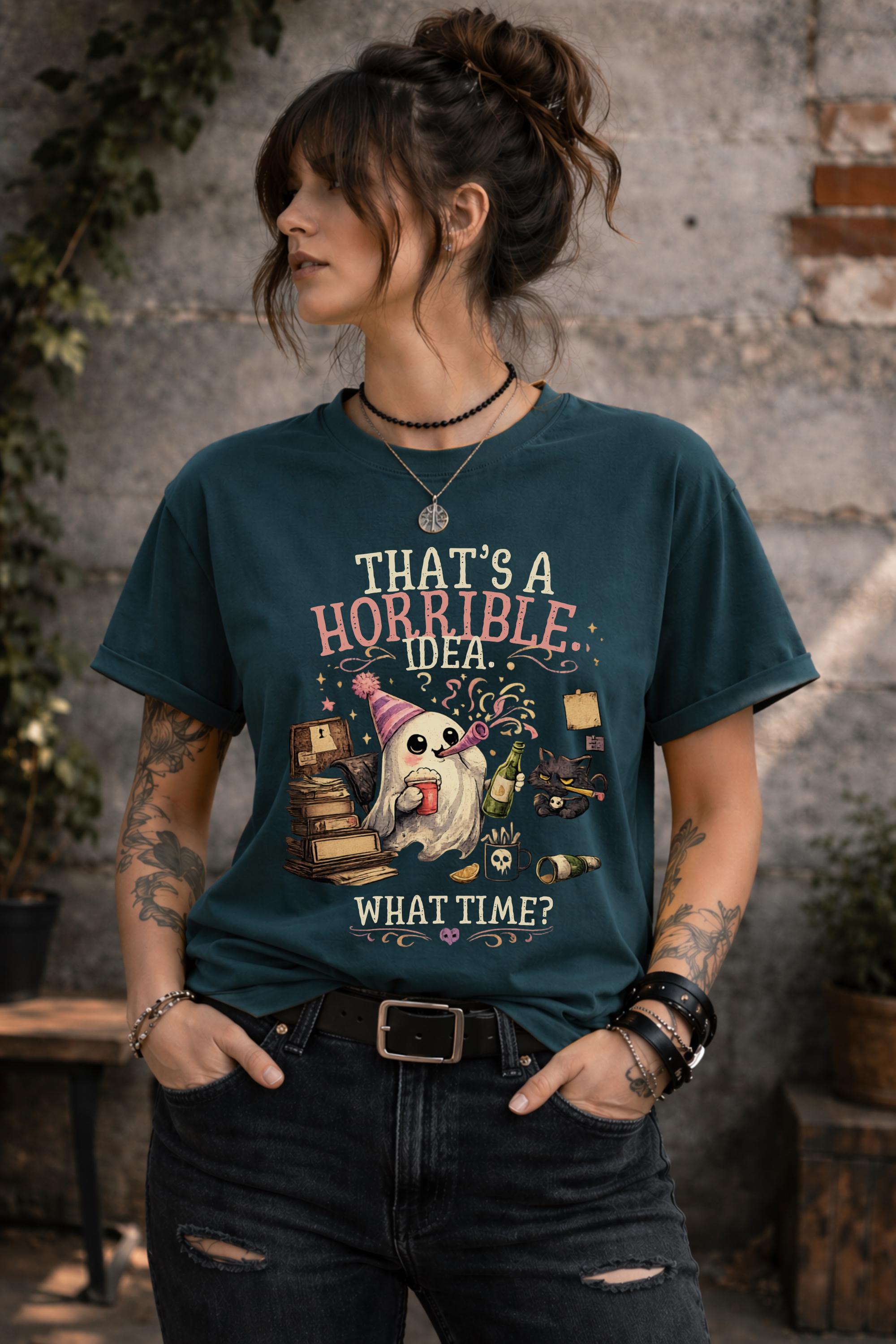 Halloween humor shirt featuring adorable ghost character and funny bad decision quote