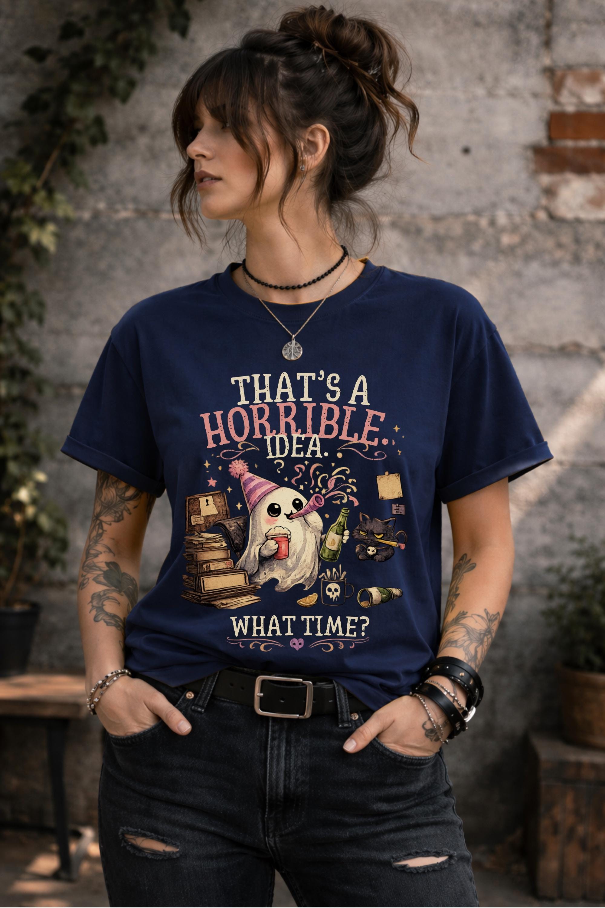 Cute ghost humor shirt for Halloween lovers with funny chaotic quote and vintage style artwork