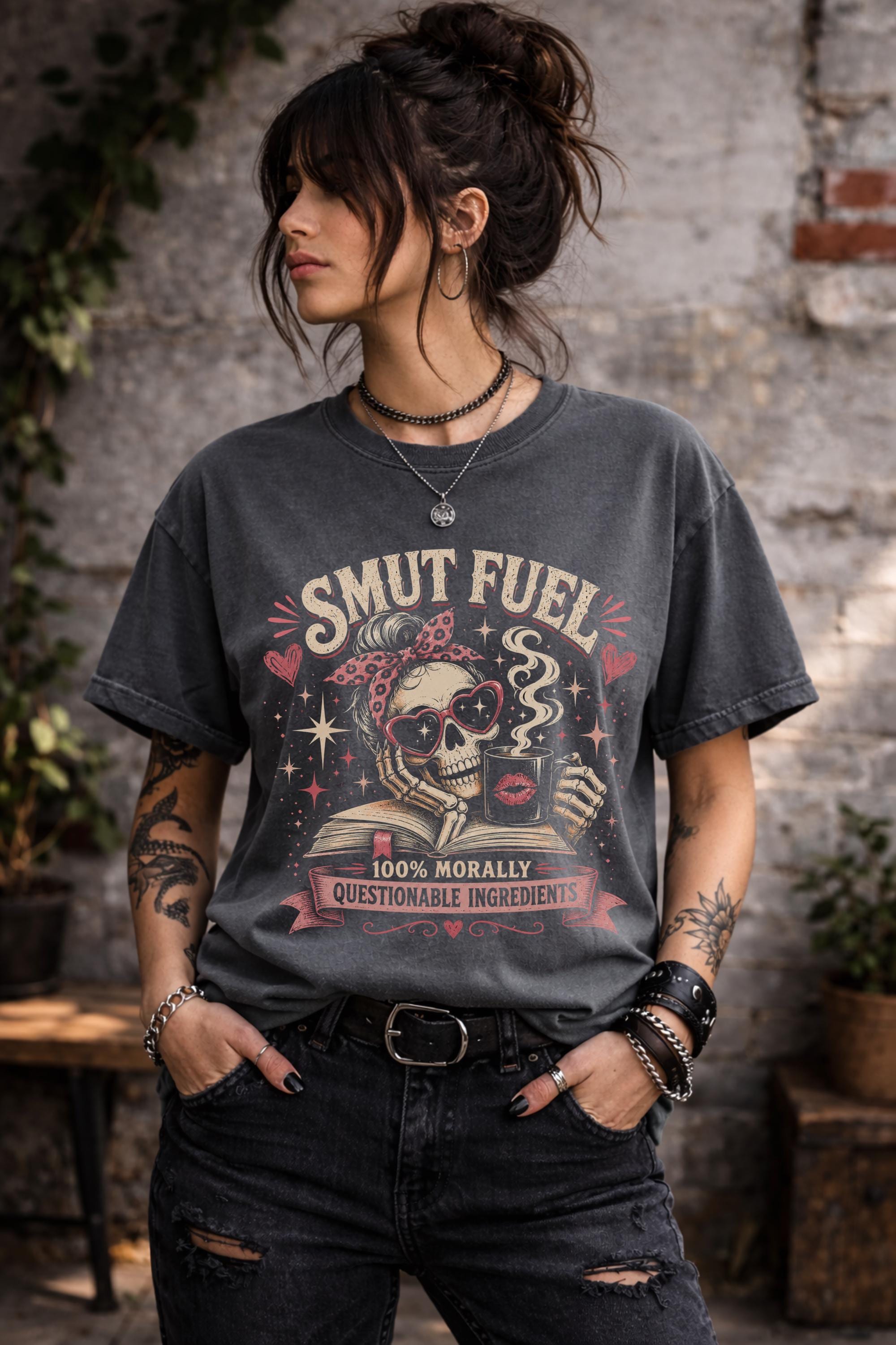Dark romance reader apparel featuring coffee, books, hearts, and gothic artwork