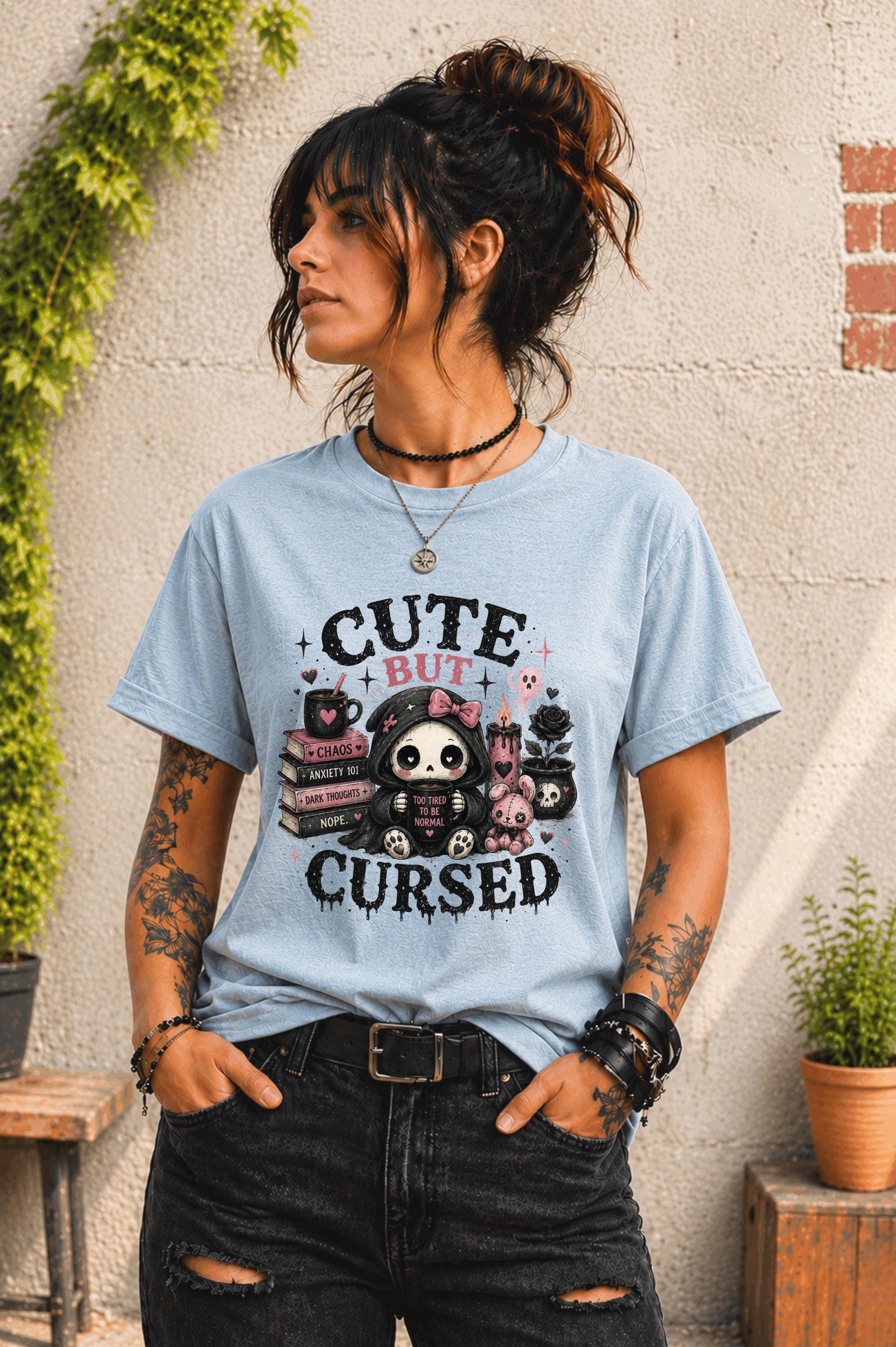 Creepy cute graphic tee with coffee themed grim reaper illustration and spooky details