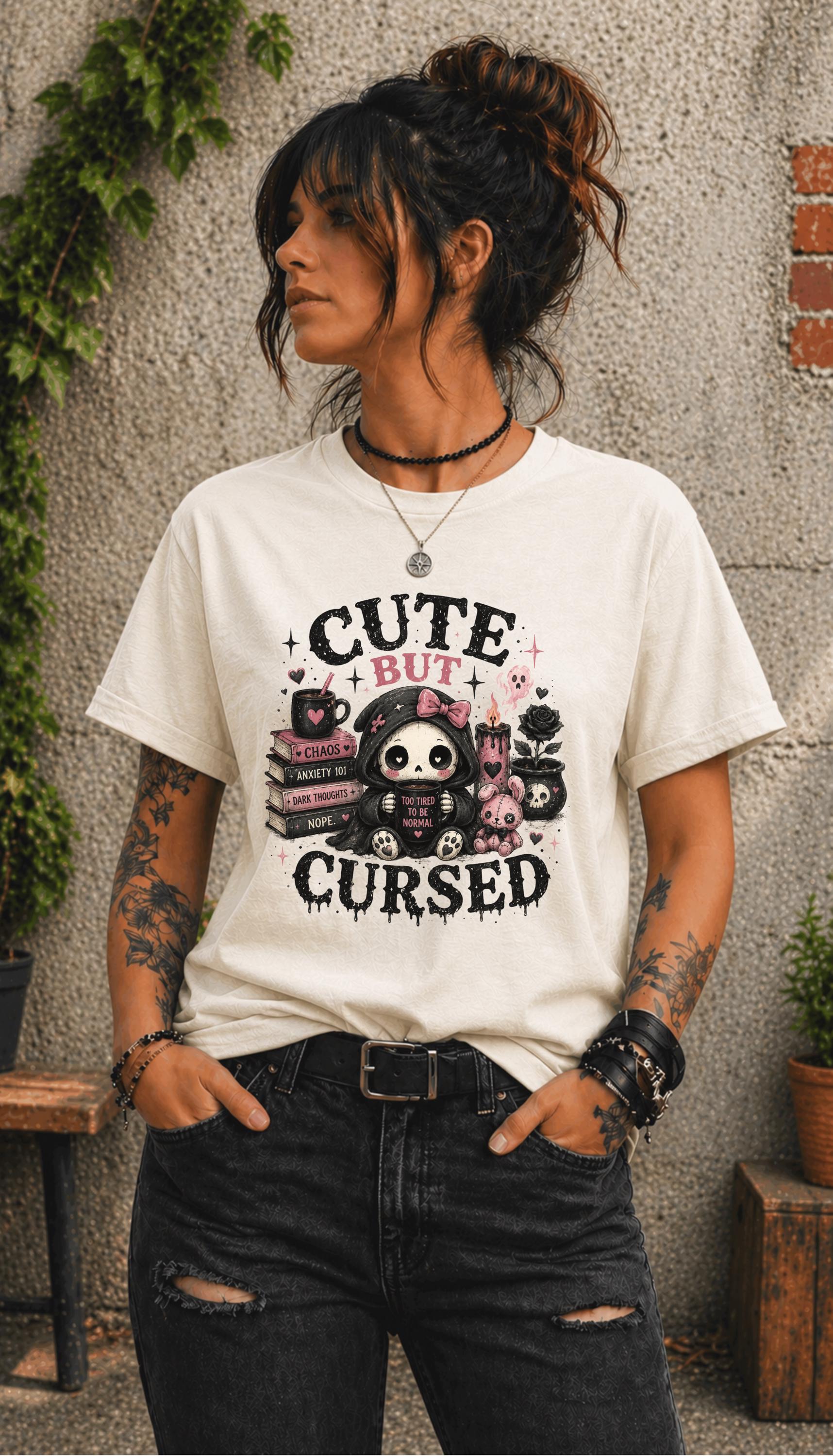 Alternative fashion apparel featuring dark humor artwork and kawaii gothic aesthetic