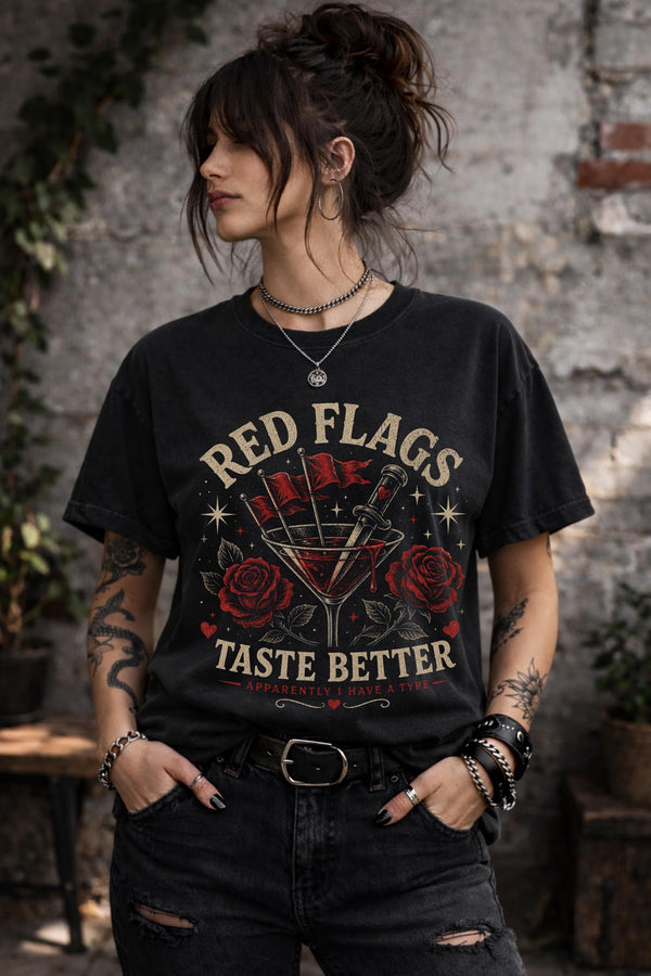 Red Flags Taste Better dark romance graphic tee with gothic cocktail and red roses artwork