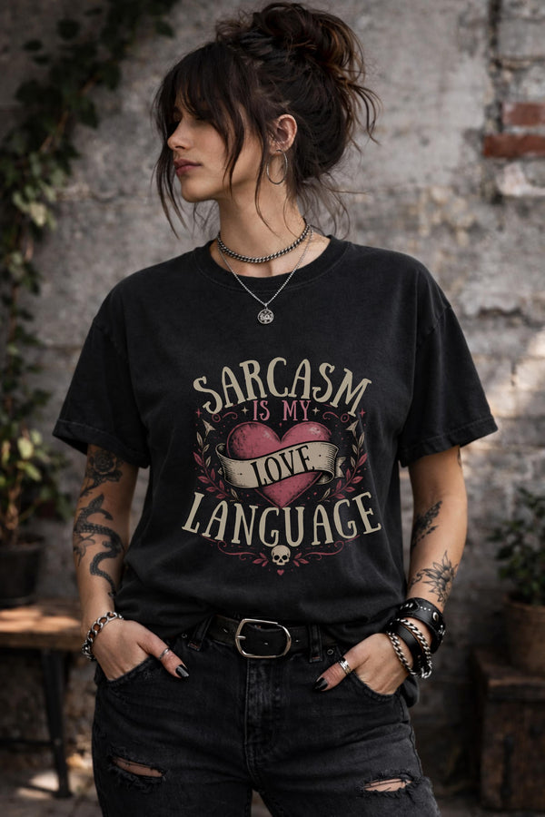 Sarcasm Is My Love Language graphic shirt featuring vintage heart artwork on black tee