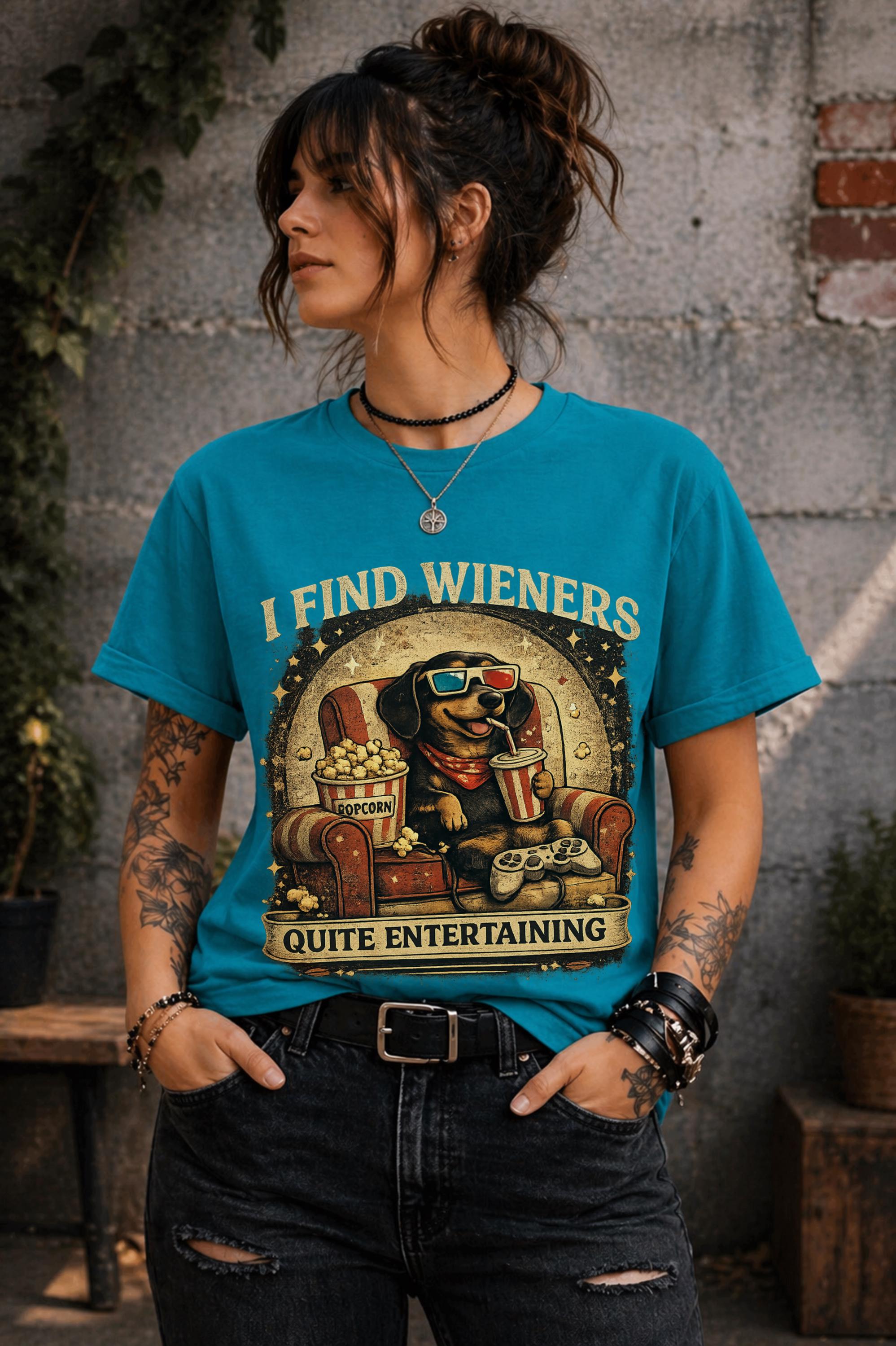 Wiener dog themed shirt featuring popcorn movie night and gaming artwork