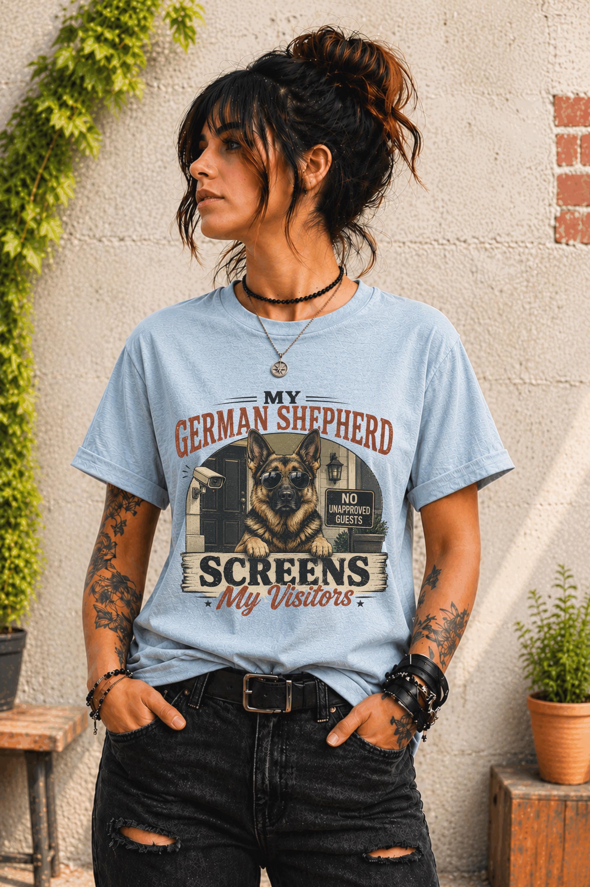 German Shepherd parent tee featuring humorous visitor screening theme