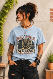 German Shepherd parent tee featuring humorous visitor screening theme
