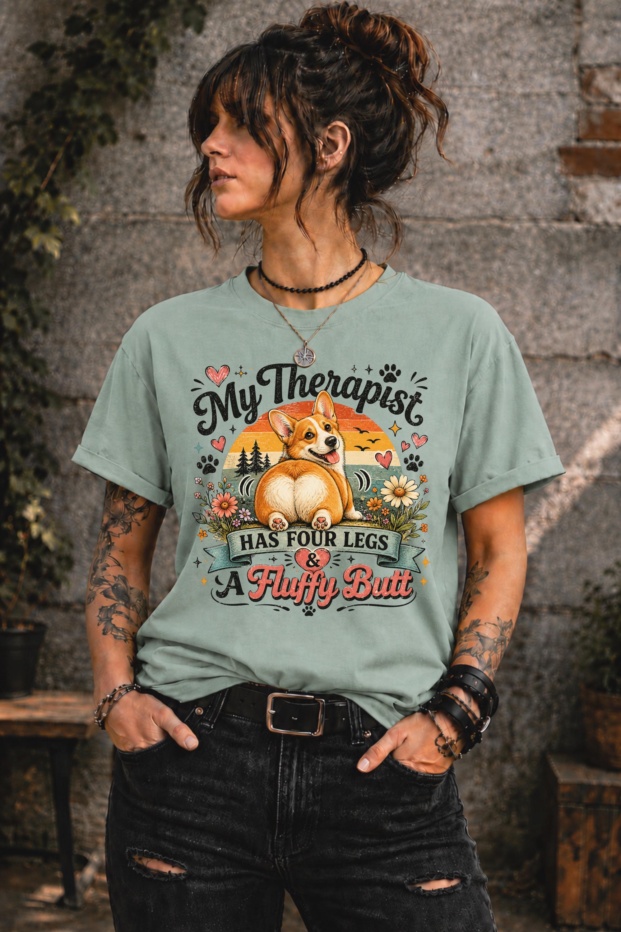 Fluffy butt corgi shirt with colorful floral accents and playful typography