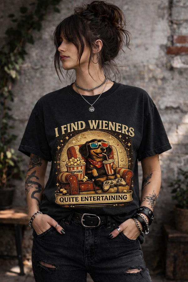 Funny dachshund graphic shirt featuring wiener dog watching movies with popcorn and drink