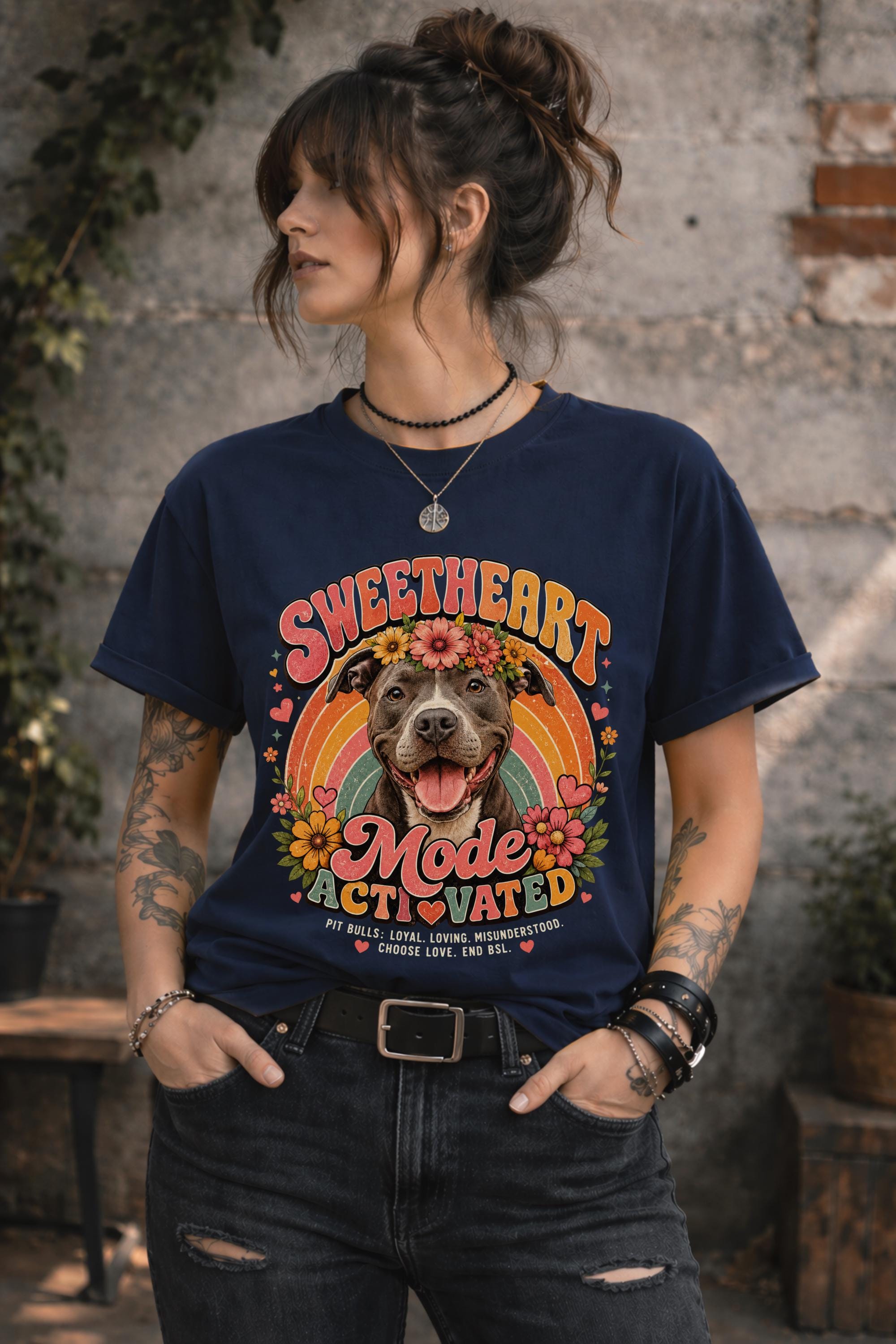 Sweetheart Mode Activated Pit Bull graphic shirt featuring smiling dog with flower crown