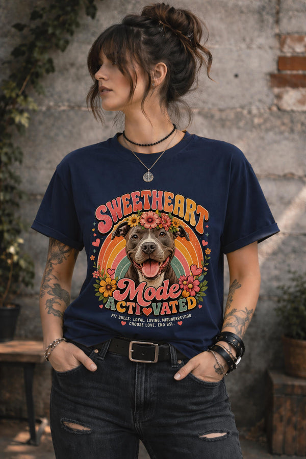 Sweetheart Mode Activated Pit Bull graphic shirt featuring smiling dog with flower crown