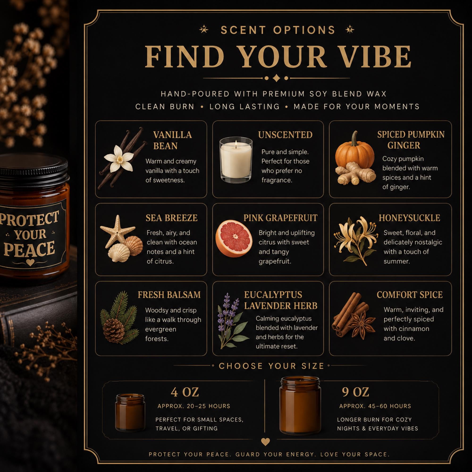 Scent Chart for the Amber glass candle with black and gold Protect Your Peace label in moody dark aesthetic setting with books and dried florals.