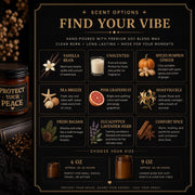 Scent Chart for the Amber glass candle with black and gold Protect Your Peace label in moody dark aesthetic setting with books and dried florals.