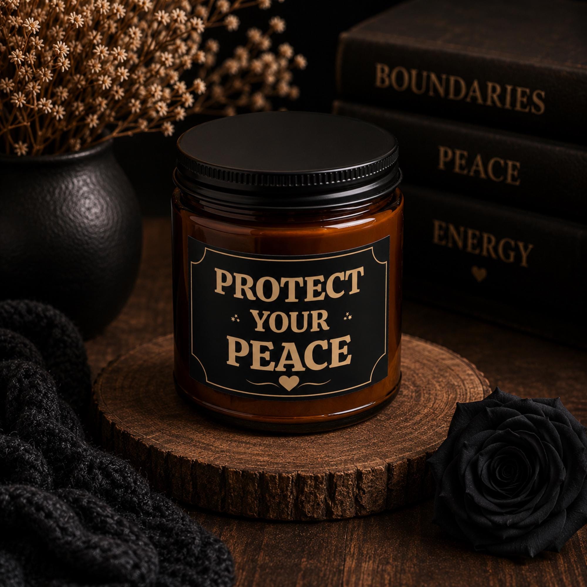 Amber glass candle with black and gold Protect Your Peace label in moody dark aesthetic setting with books and dried florals.