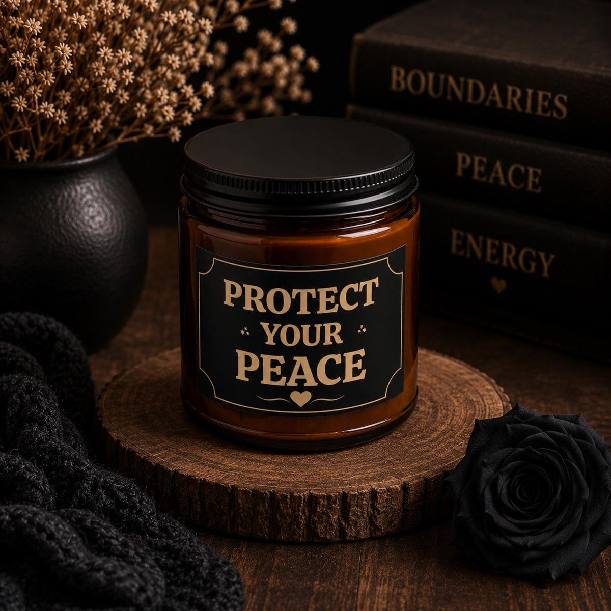 Amber glass candle with black and gold Protect Your Peace label in moody dark aesthetic setting with books and dried florals.
