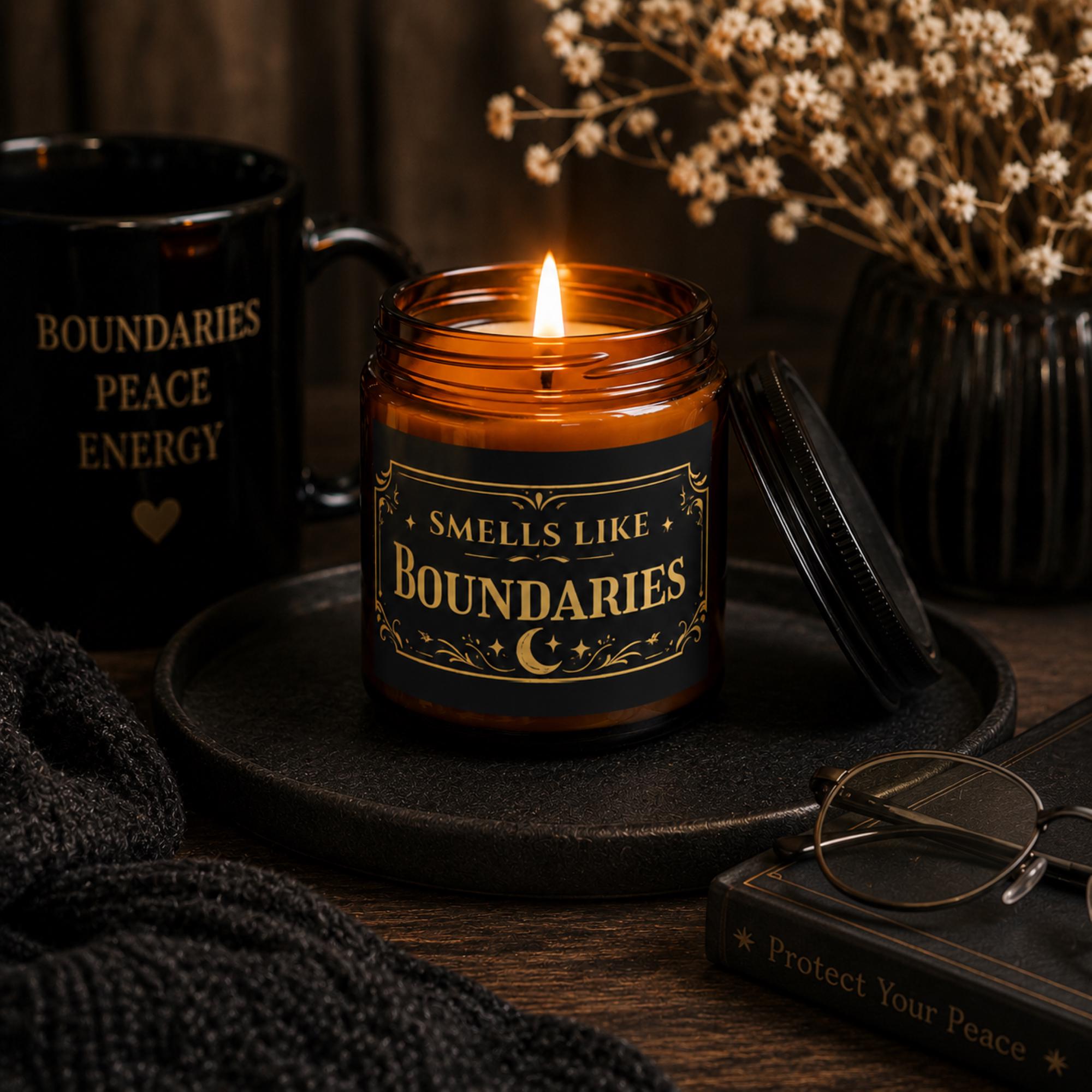 Funny boundaries candle with moody gothic label, premium soy wax candle gift for mental health and self care