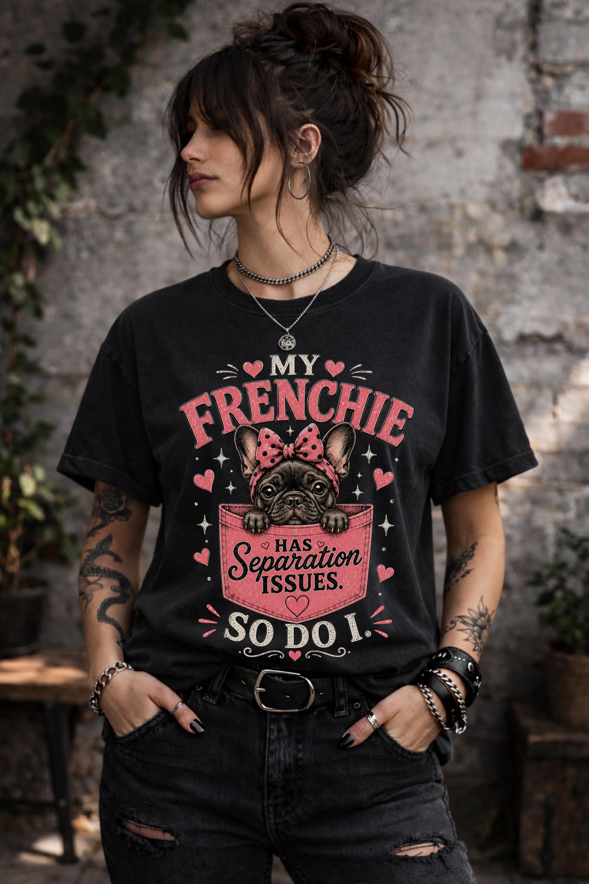 French Bulldog graphic shirt featuring adorable Frenchie peeking from pink pocket