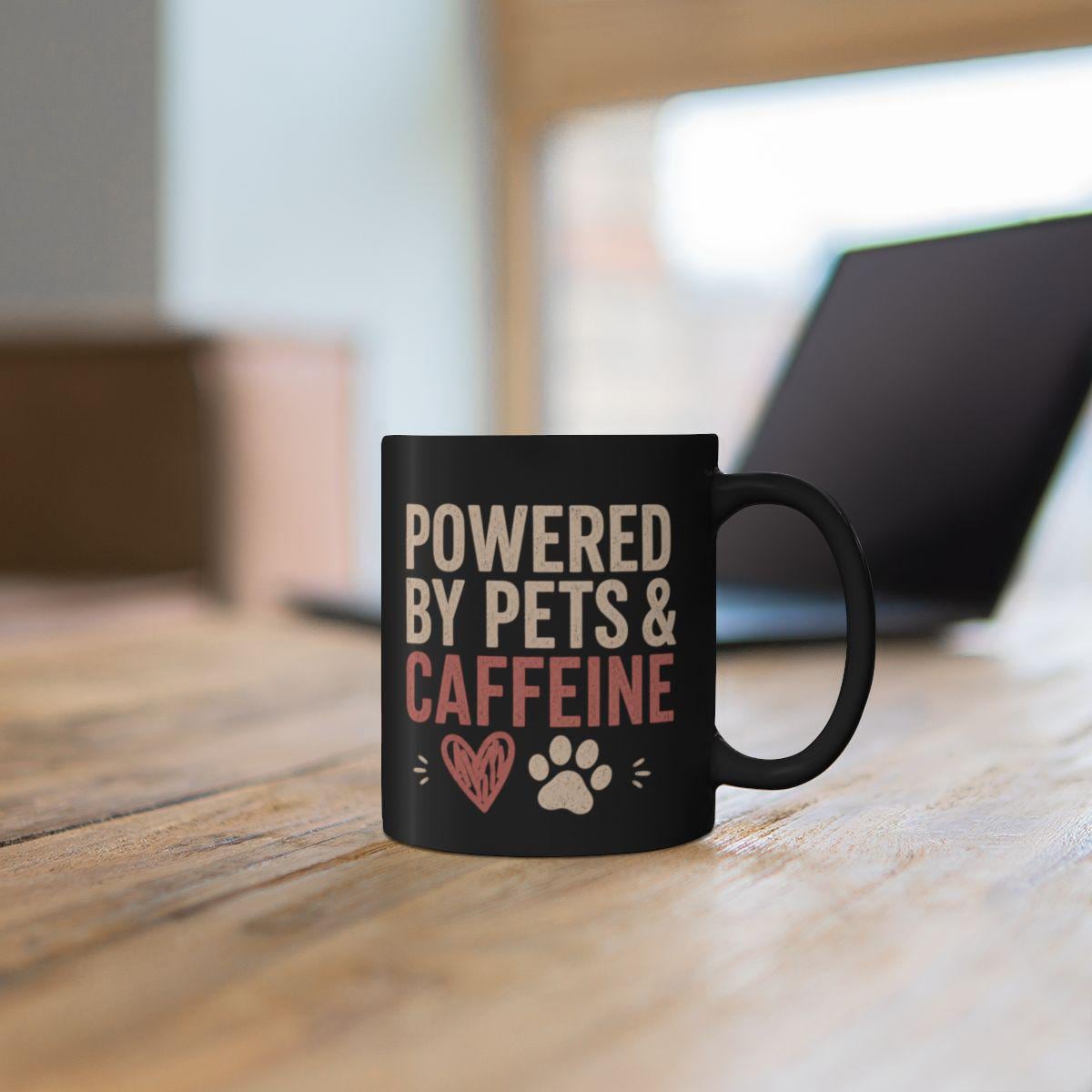 Cat parent gift mug showcasing Powered By Pets And Caffeine artwork