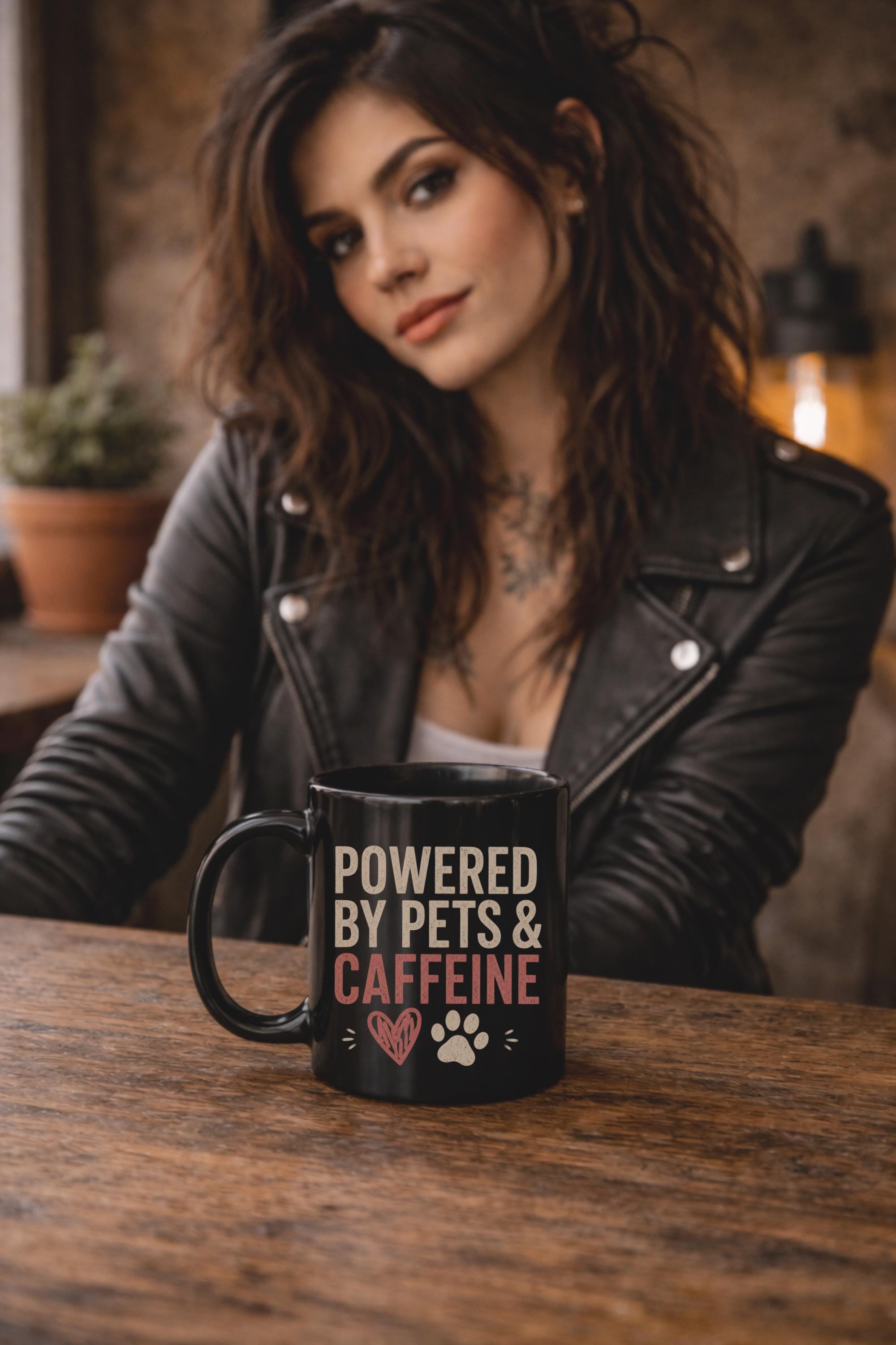 Black coffee mug featuring Powered By Pets And Caffeine quote