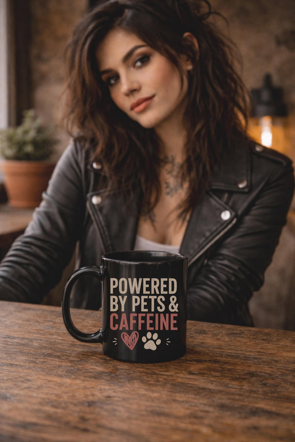 Black coffee mug featuring Powered By Pets And Caffeine quote