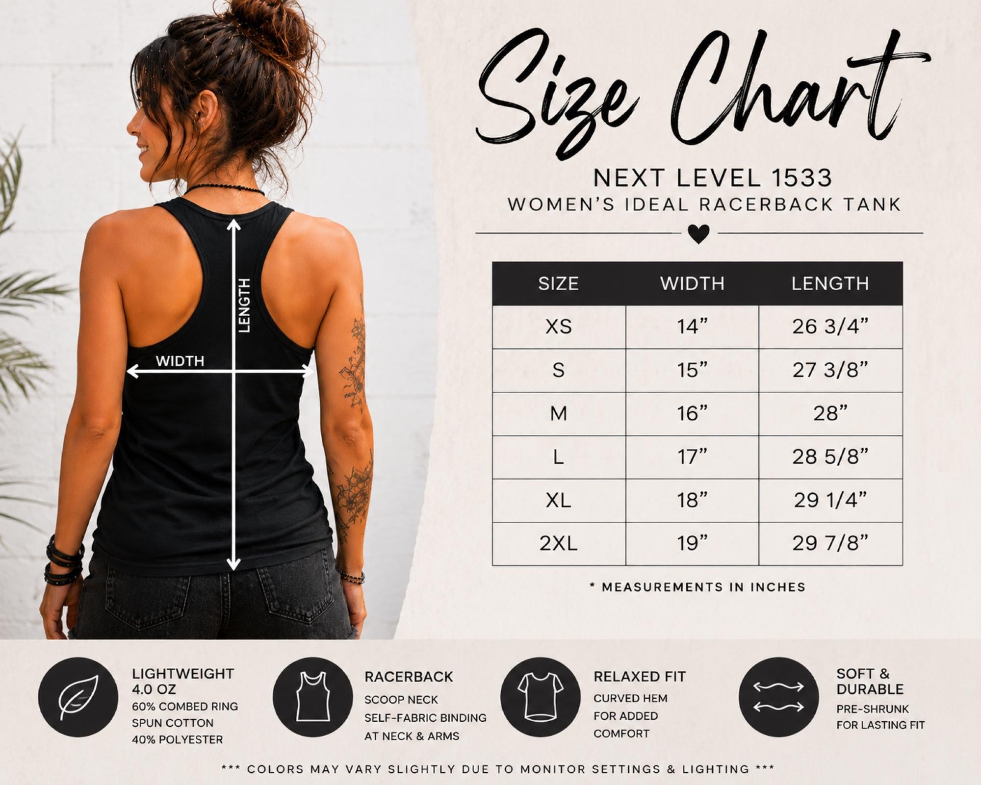 Size chart, Colorful fantasy tank top designed for dreamers and unicorn enthusiasts