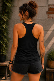 Black racerback tank featuring the back of the colorful rainbow unicorn and Stay Magical quote