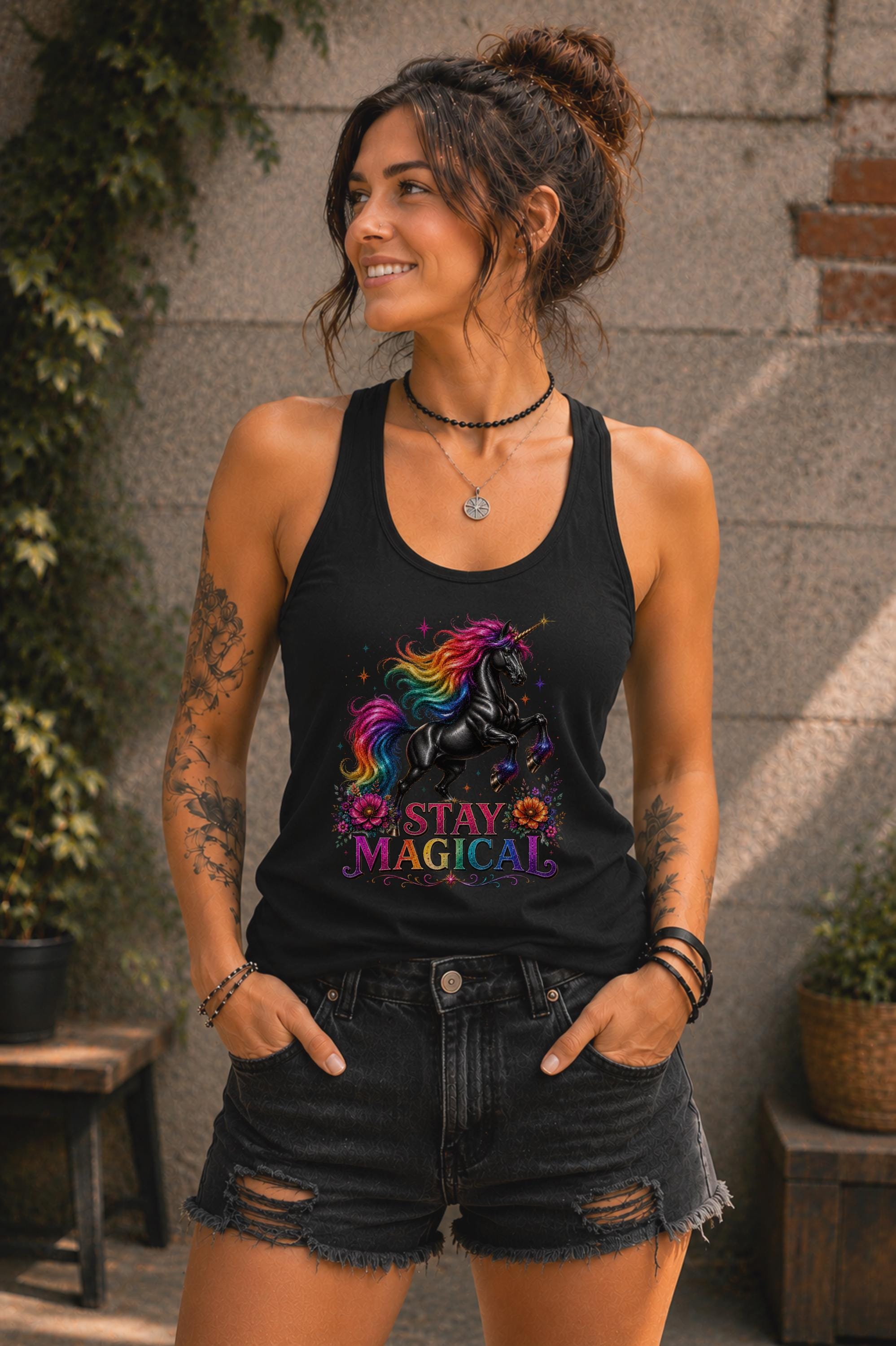 Black racerback tank featuring colorful rainbow unicorn and Stay Magical quote