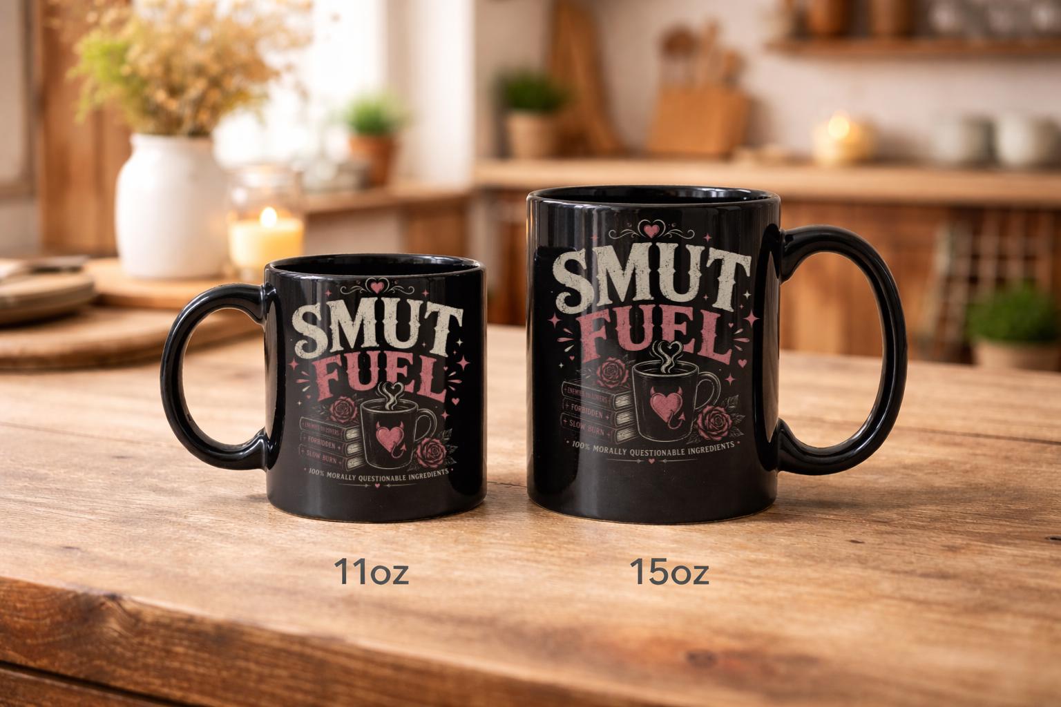 Close-up lifestyle mockup of black mug for romance readers with edgy bookish caffeine quote design
