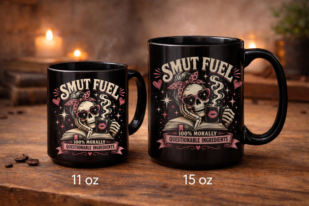Black ceramic mug with Fueled by Smut and Caffeine design, funny dark romance book lover coffee mug gift