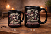 Black ceramic mug with Fueled by Smut and Caffeine design, funny dark romance book lover coffee mug gift