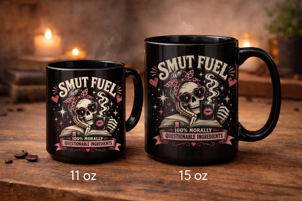 Black ceramic mug with Fueled by Smut and Caffeine design, funny dark romance book lover coffee mug gift