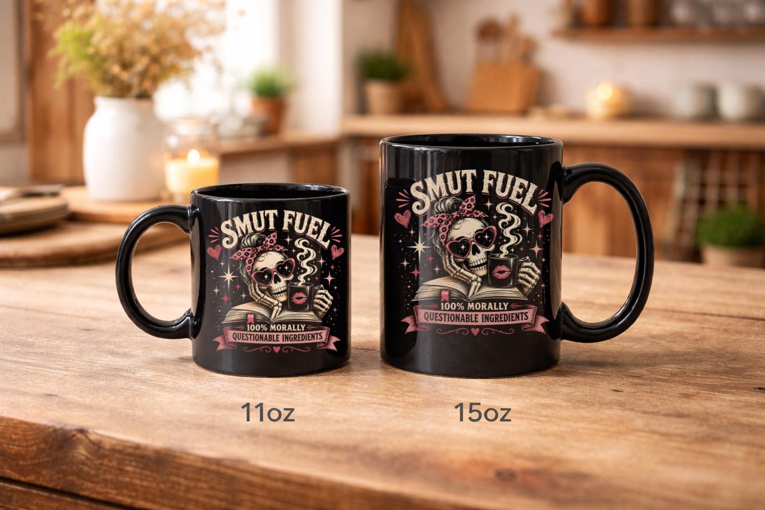 Black ceramic mug with Fueled by Smut and Caffeine design, funny dark romance book lover coffee mug gift