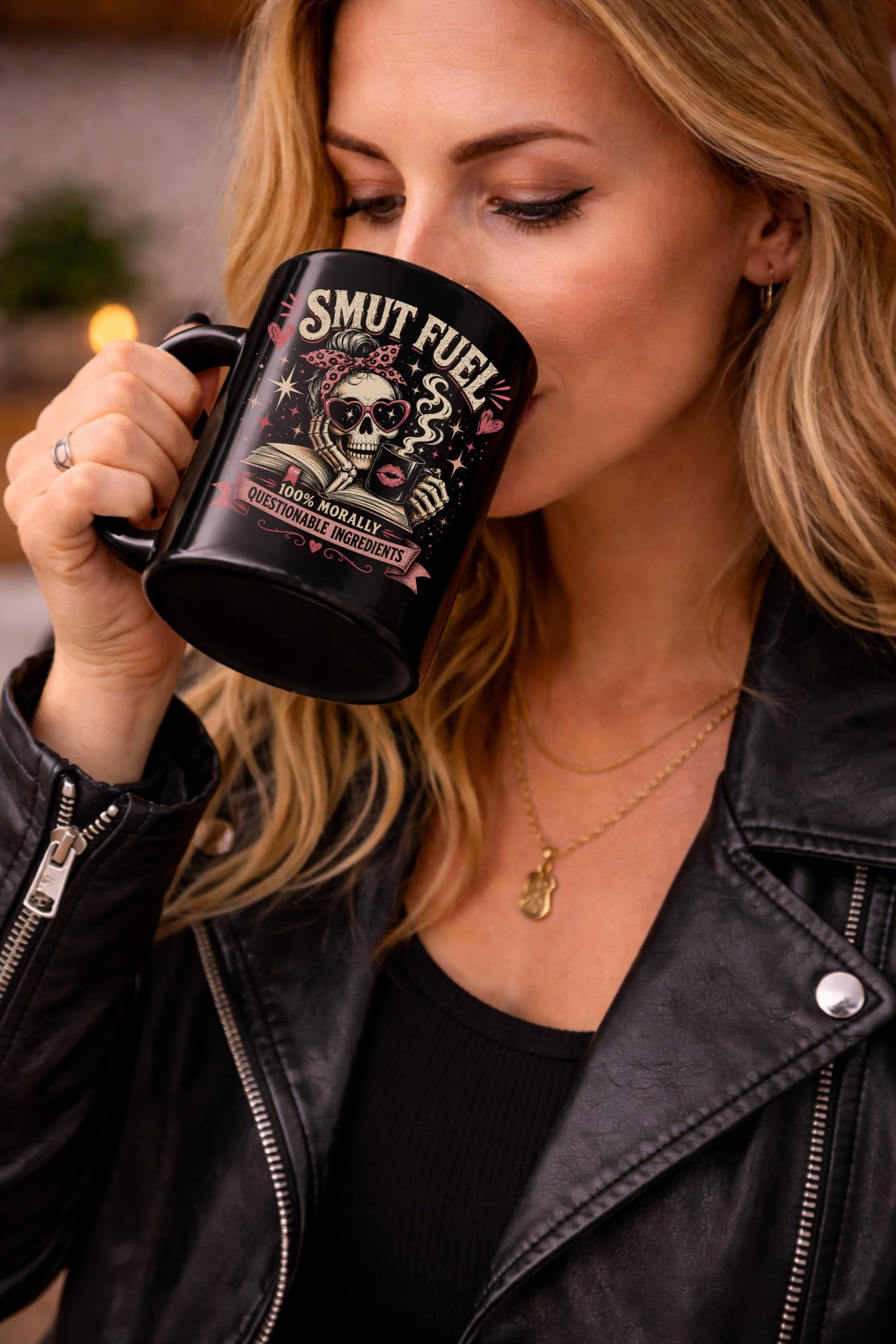 Black ceramic mug with Fueled by Smut and Caffeine design, funny dark romance book lover coffee mug gift