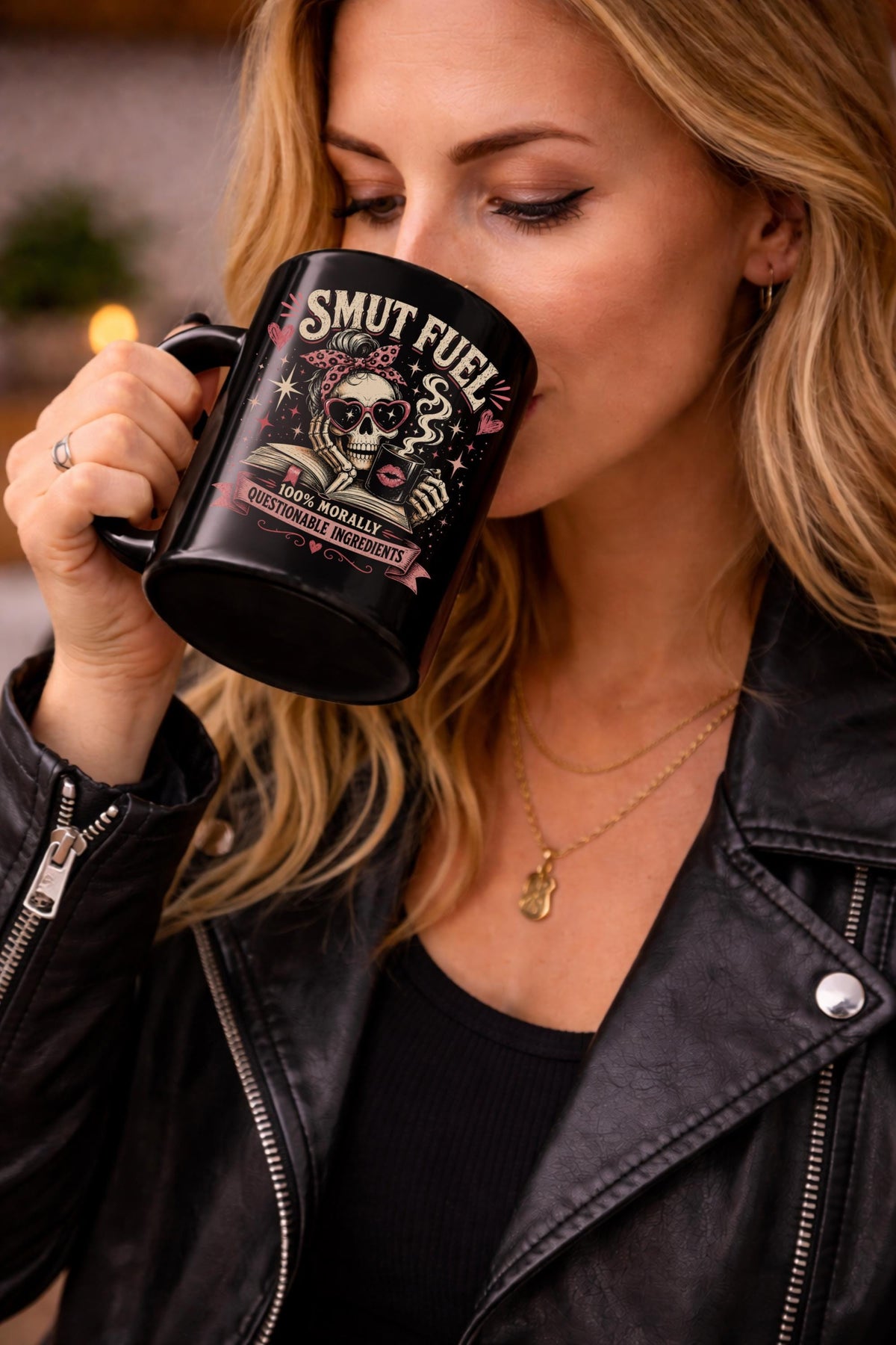 Black ceramic mug with Fueled by Smut and Caffeine design, funny dark romance book lover coffee mug gift