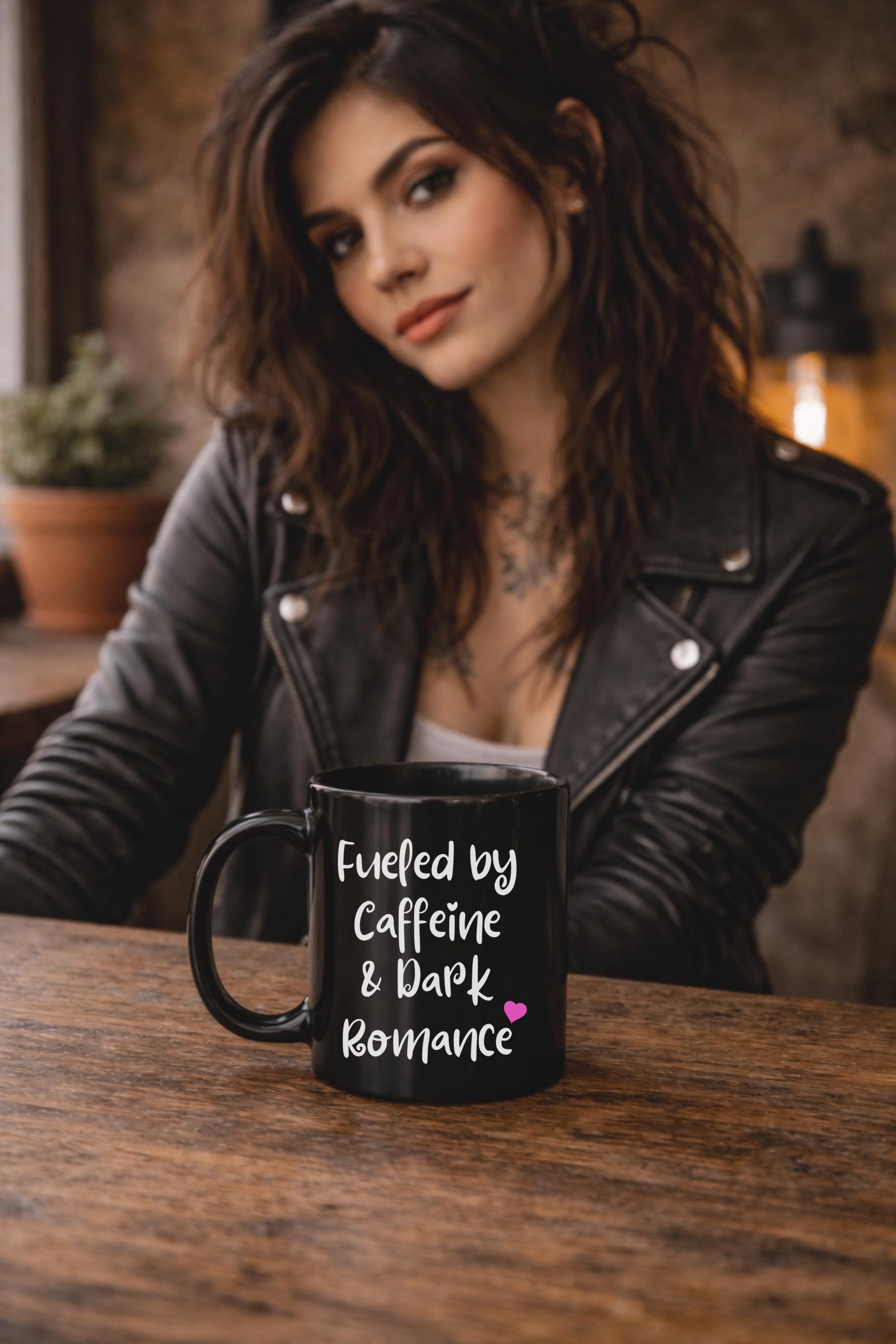 11oz and 15oz black ceramic mugs featuring the phrase "Fueled by Caffeine & Dark Romance" displayed on a rustic wooden table in a cozy kitchen setting.