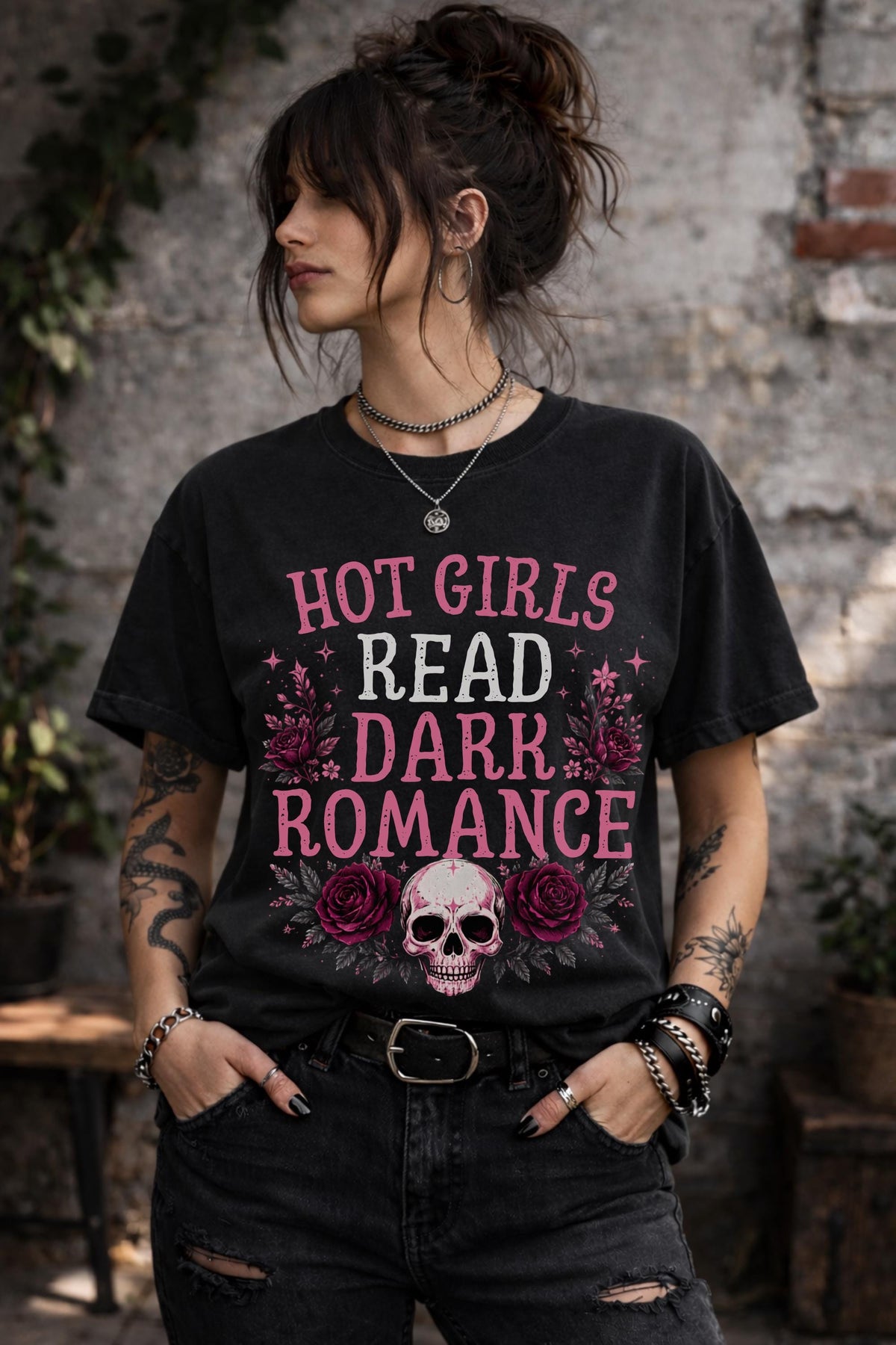 Black shirt featuring the phrase "Hot Girls Read Dark Romance" surrounded by pink roses and a gothic skull design.