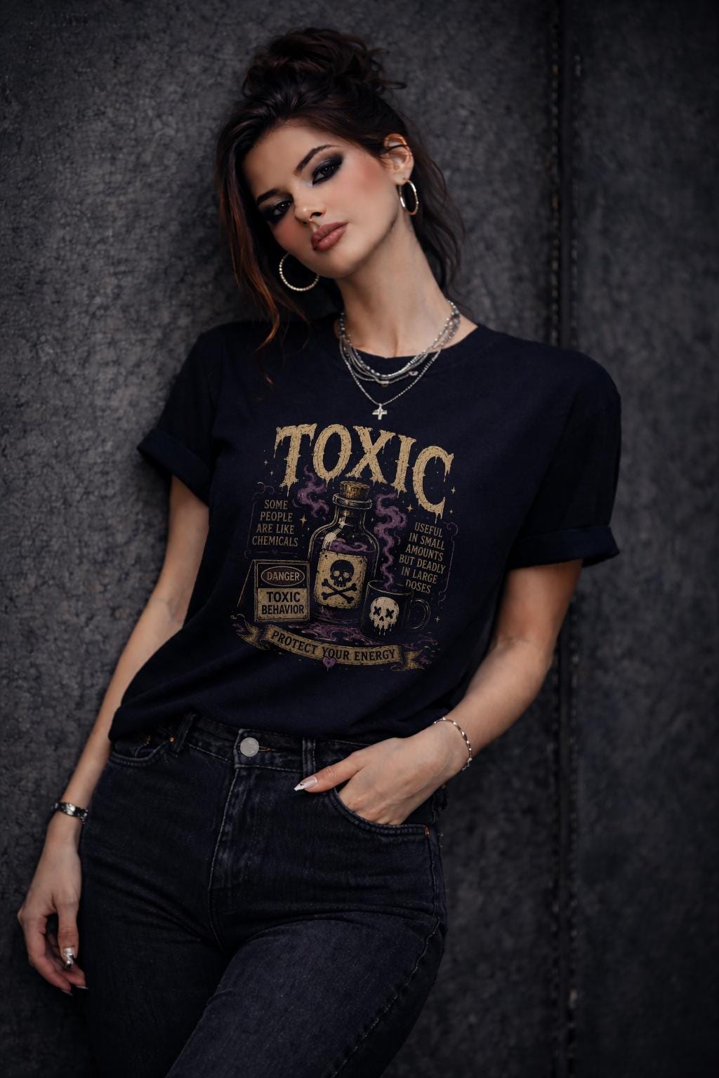 Close-up mockup of dark humor toxic people graphic tee with gothic poison bottle design