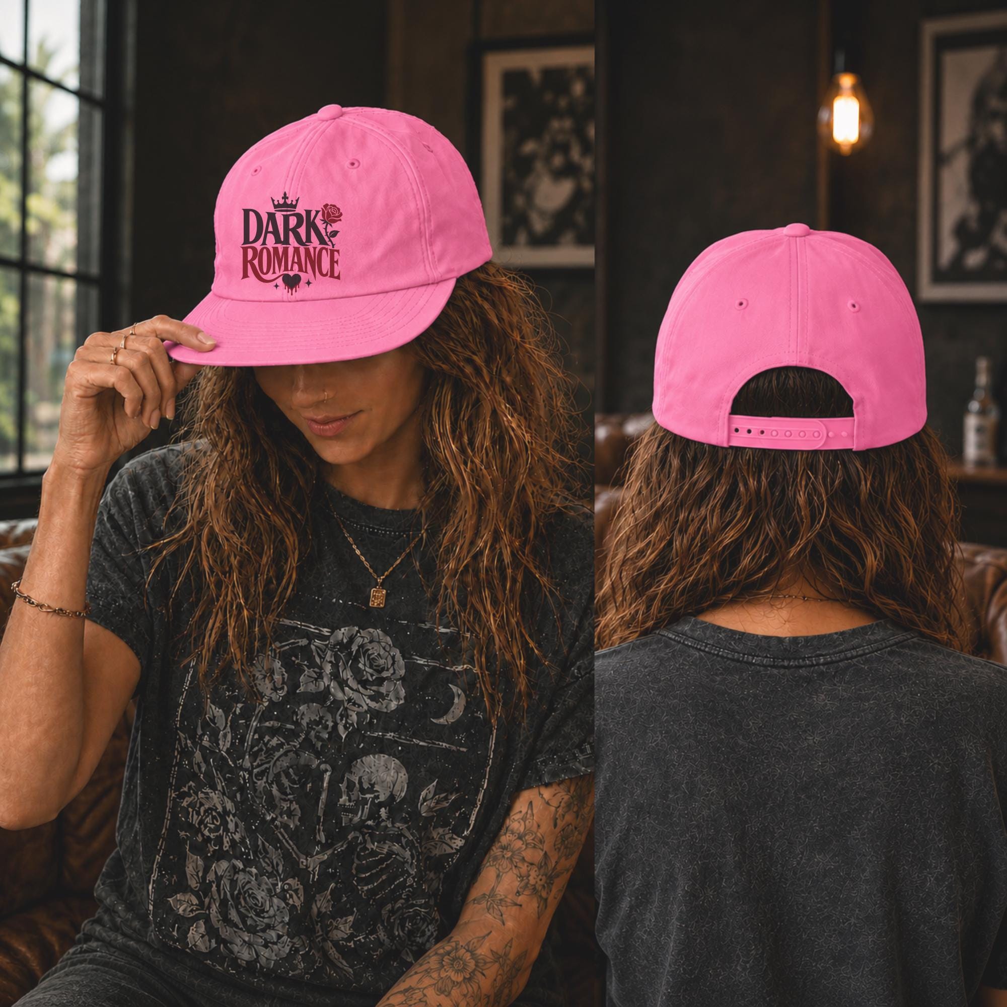 Woman wearing a surf cap featuring a Dark Romance graphic with red rose detail, photographed in a moody bookish setting with dark academia aesthetic. Showing the front and back of the cap.