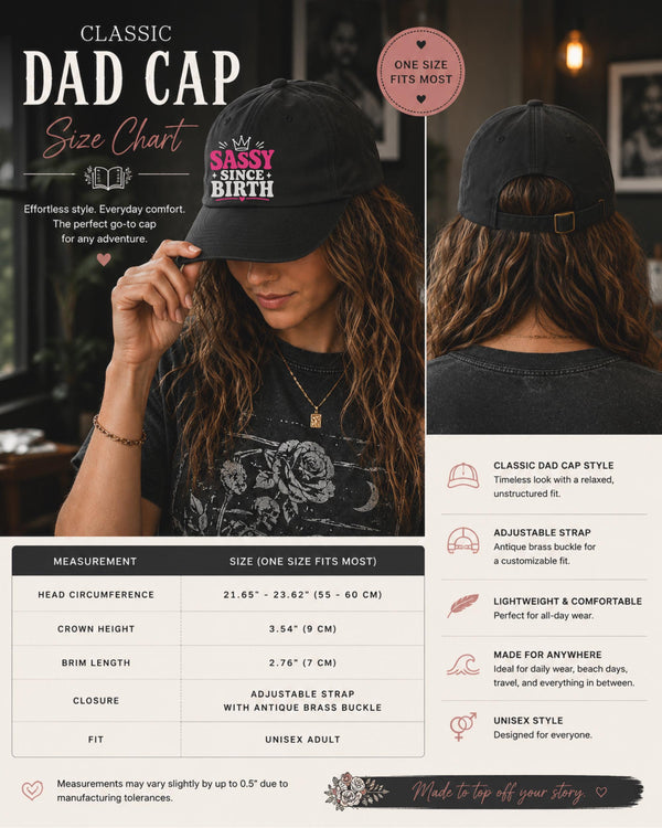 Size Chart for the Classic dad cap featuring a pink and white "Sassy Since Birth" graphic with crown artwork, styled in a casual fashion setting.
