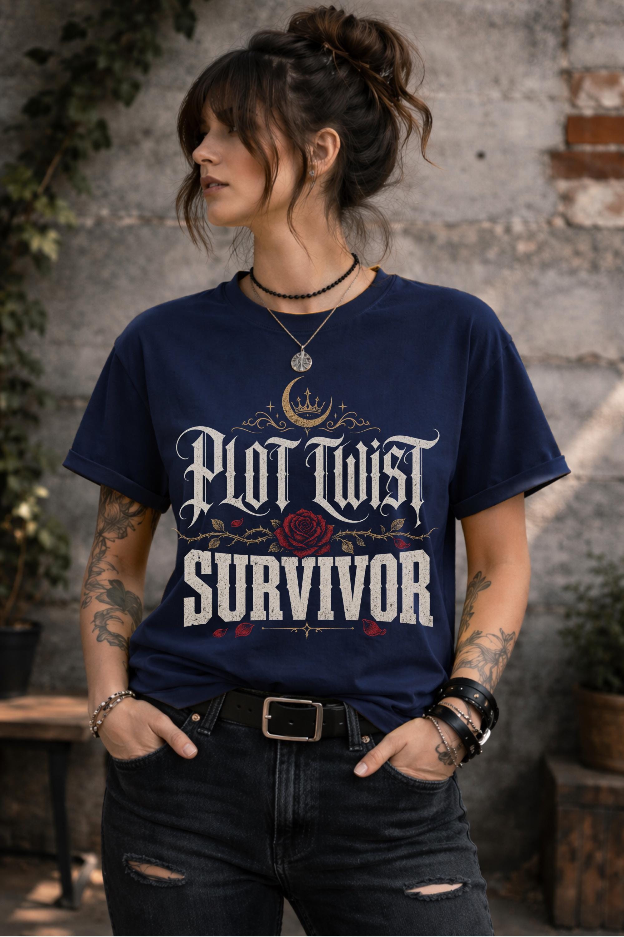 Woman wearing a graphic t-shirt featuring the phrase "Plot Twist Survivor" with gothic lettering, red rose artwork, and dark romance bookish aesthetic.