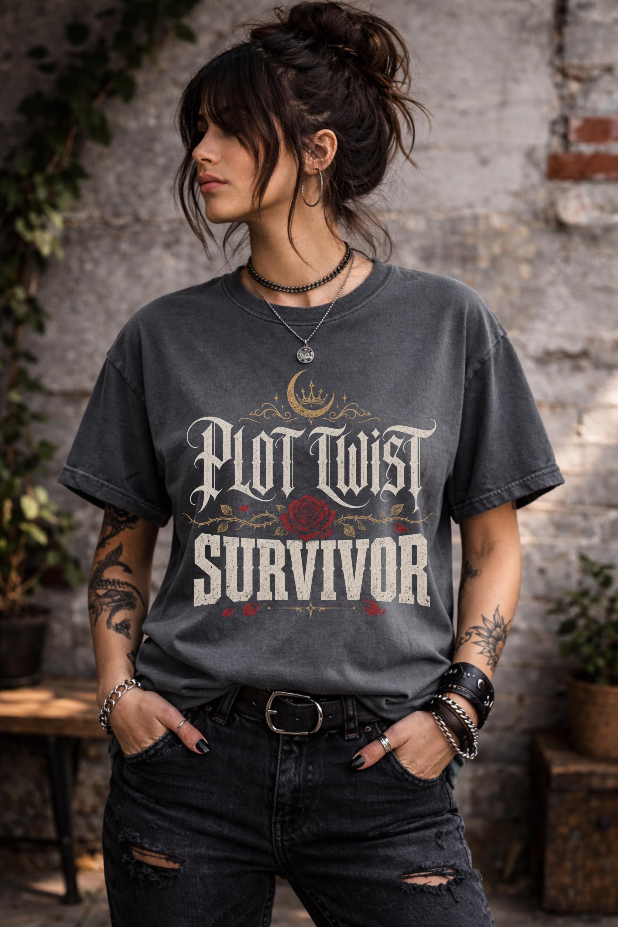 Woman wearing a  graphic t-shirt featuring the phrase "Plot Twist Survivor" with gothic lettering, red rose artwork, and dark romance bookish aesthetic.
