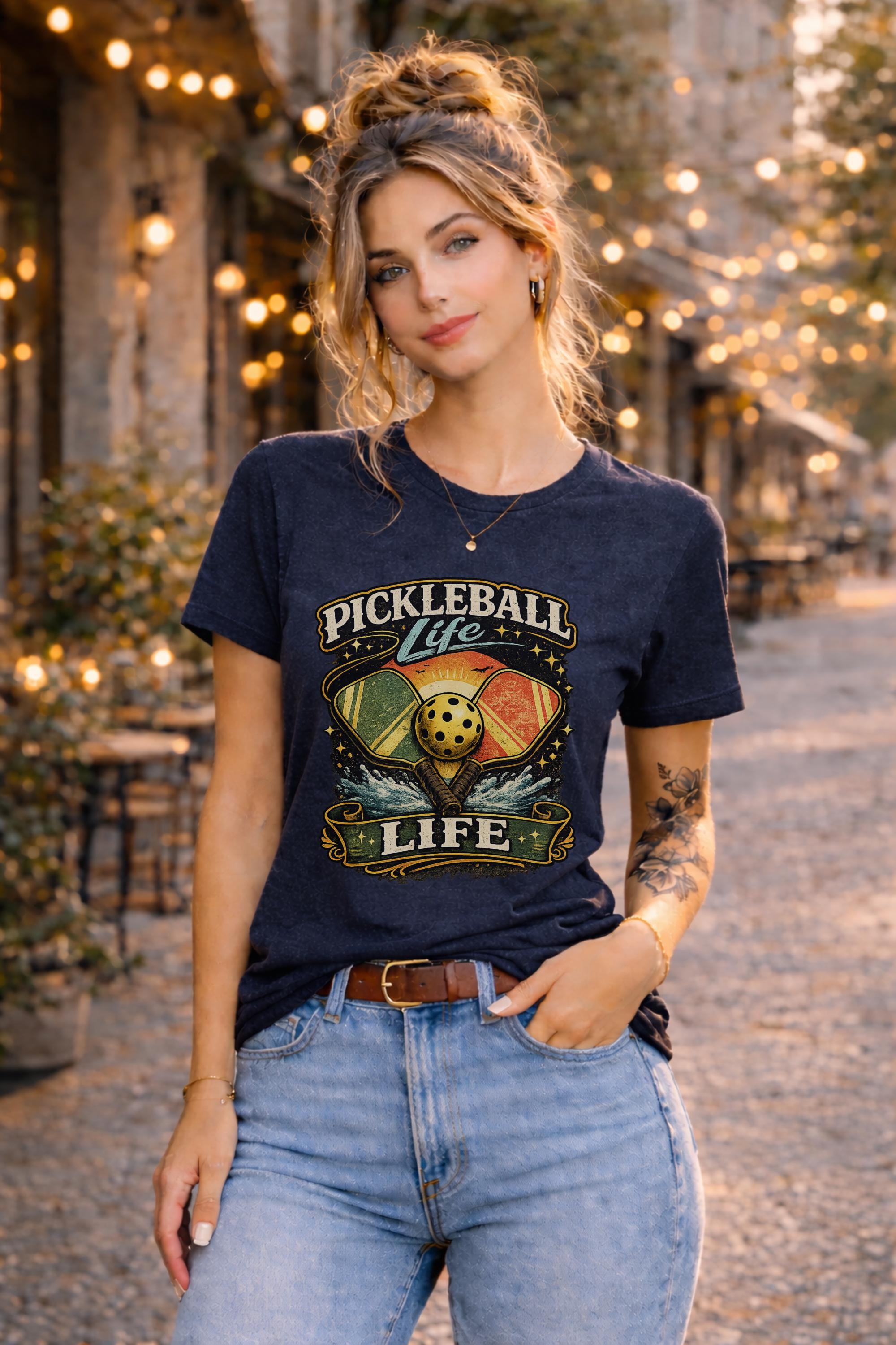 Woman wearing a Pickleball Life graphic t-shirt featuring colorful retro paddles, pickleball artwork, and vintage sports design in an outdoor street setting with string lights.