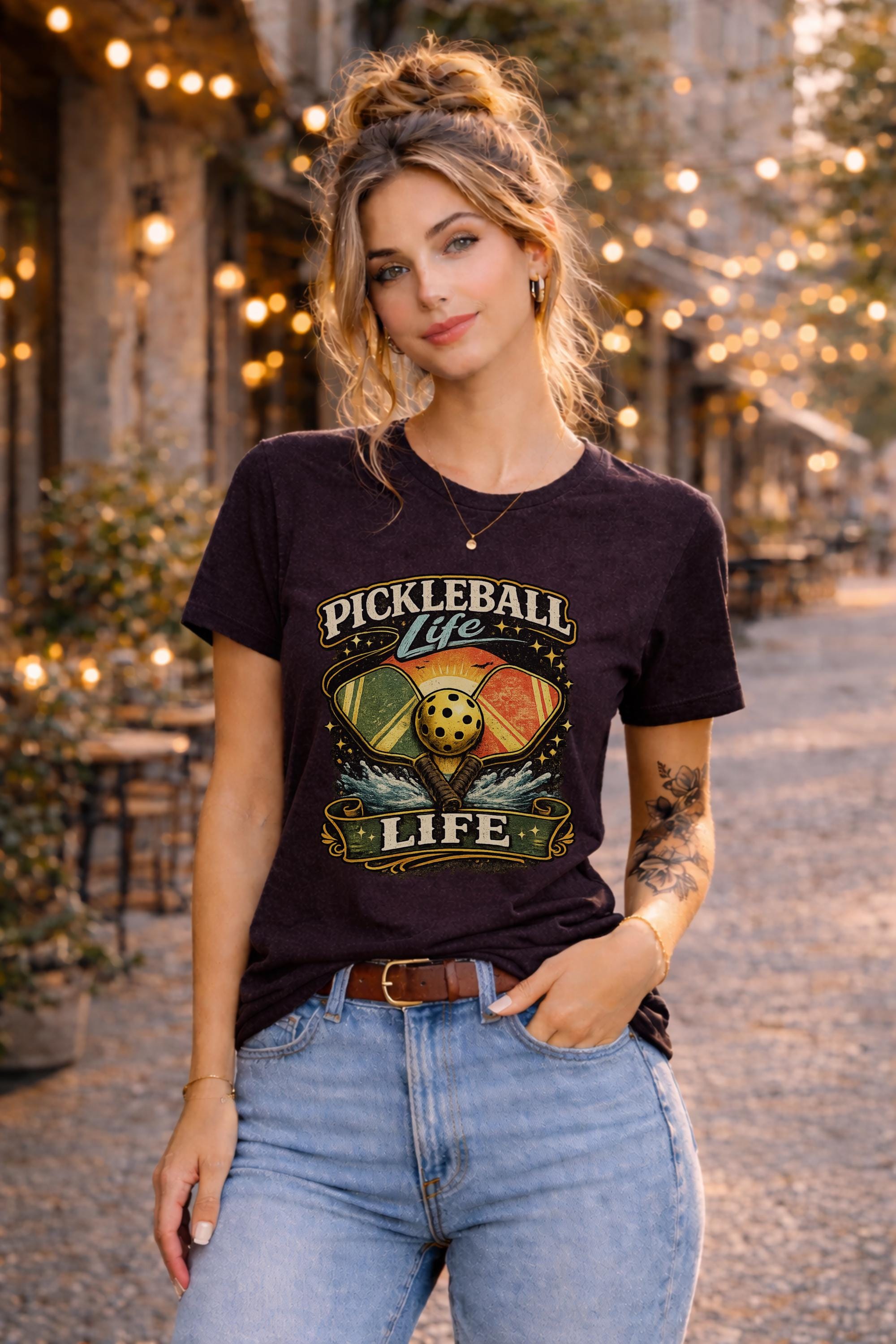 Woman wearing a Pickleball Life graphic t-shirt featuring colorful retro paddles, pickleball artwork, and vintage sports design in an outdoor street setting with string lights.